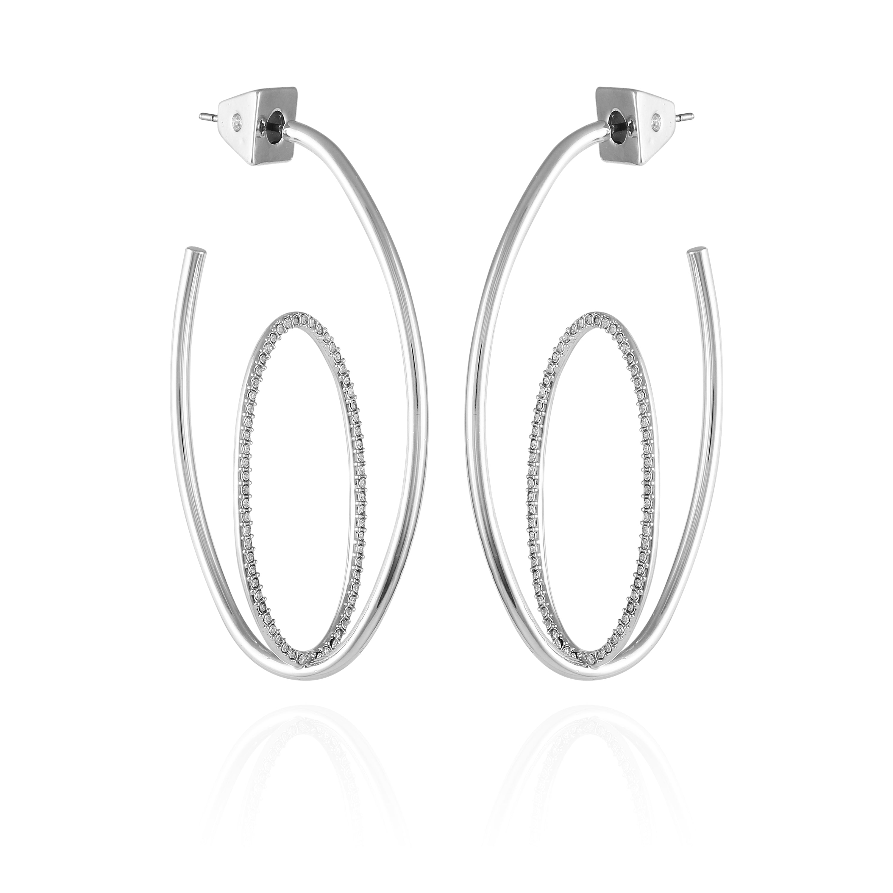 Silver-Tone Double Hoop Earrings with Pave Stones | Orbital Design