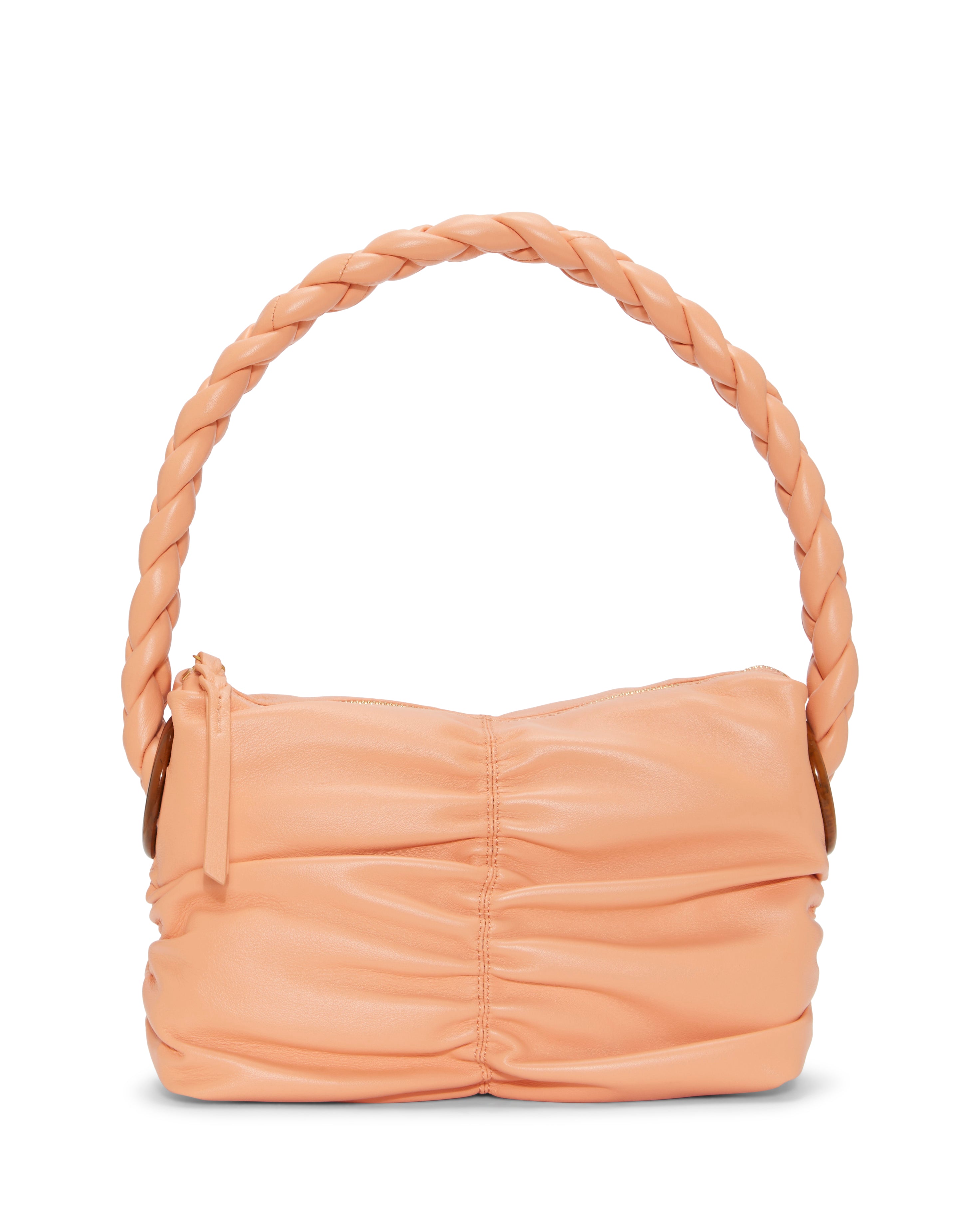 Trendy Ruching Shoulder Bag with Braided Handle & Wood-Look Rings | Mirna