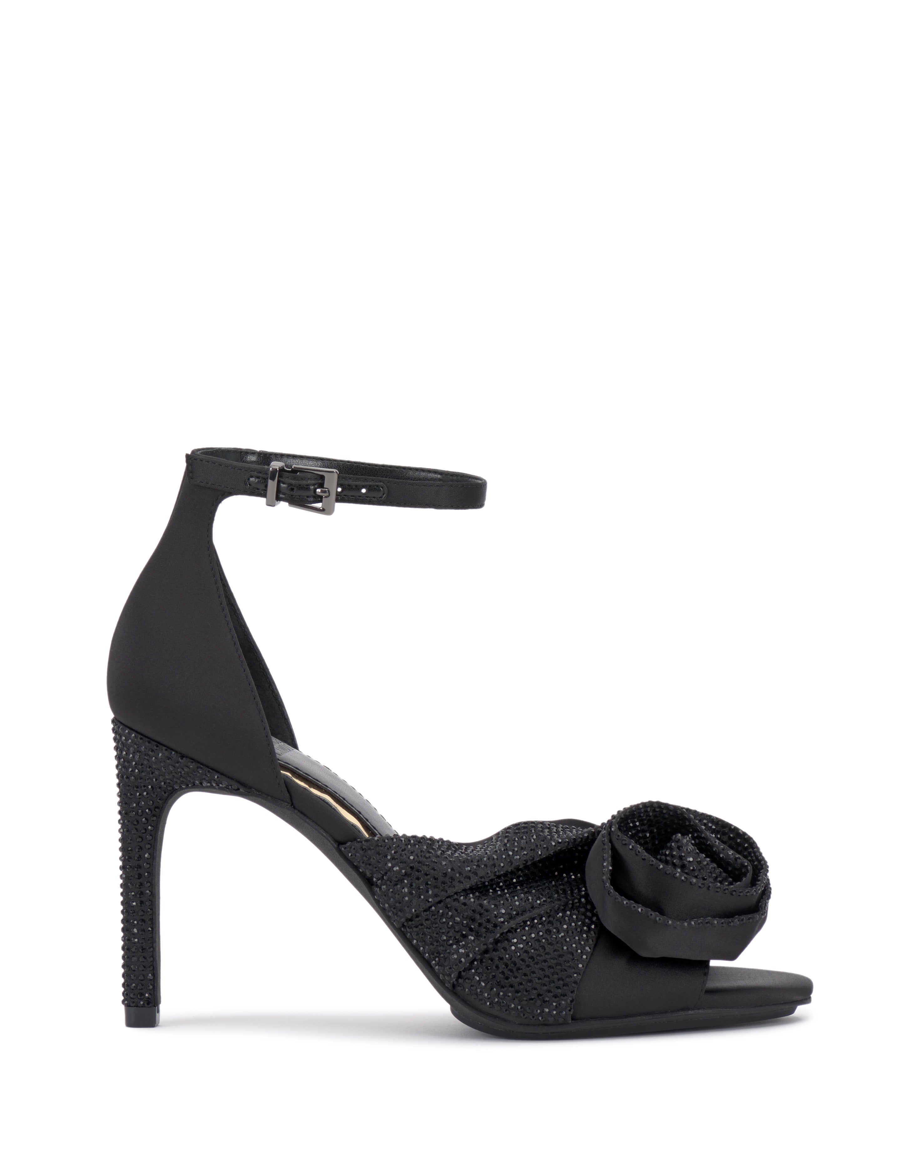 Rhinestone Stiletto Sandals with Rose Accent | Adalinea