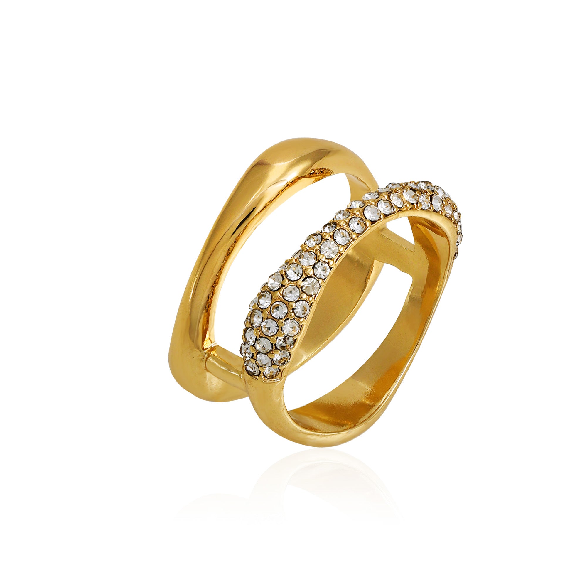 Gold-Tone Double Band Crystal Ring with Glass Stone | Elegant Jewelry