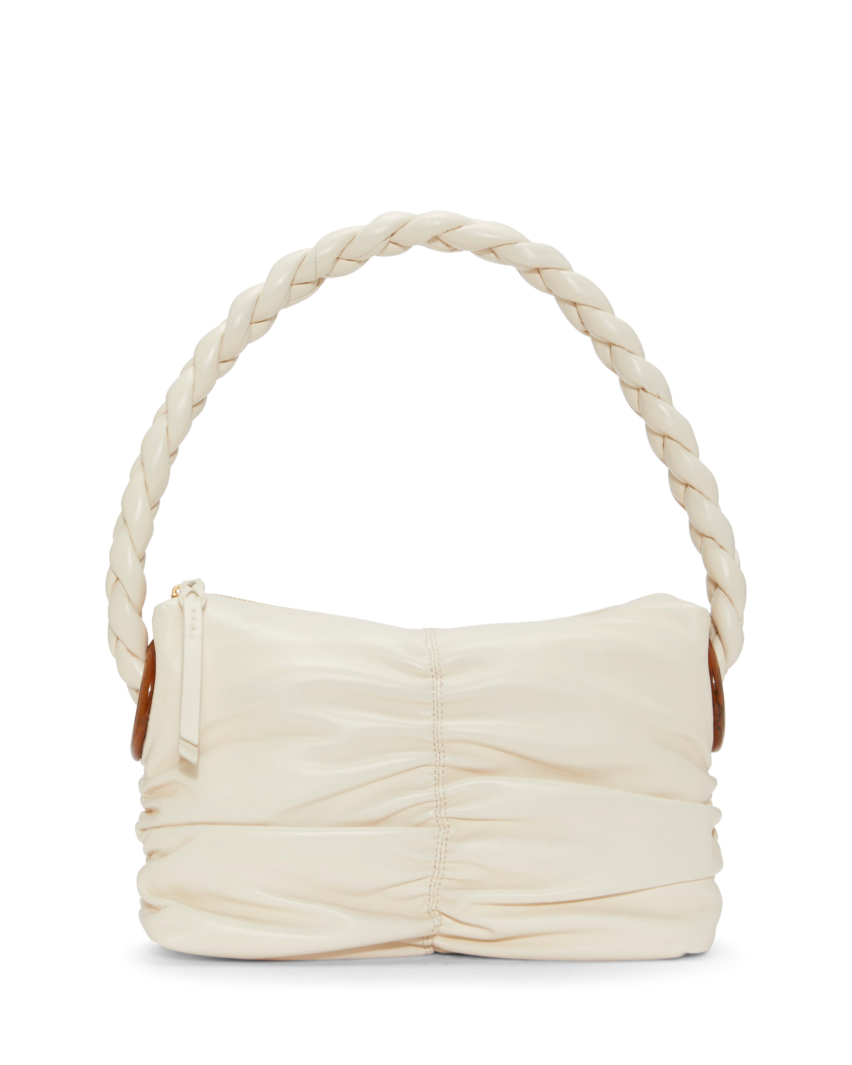 Trendy Ruching Shoulder Bag with Braided Handle & Wood-Look Rings | Mirna