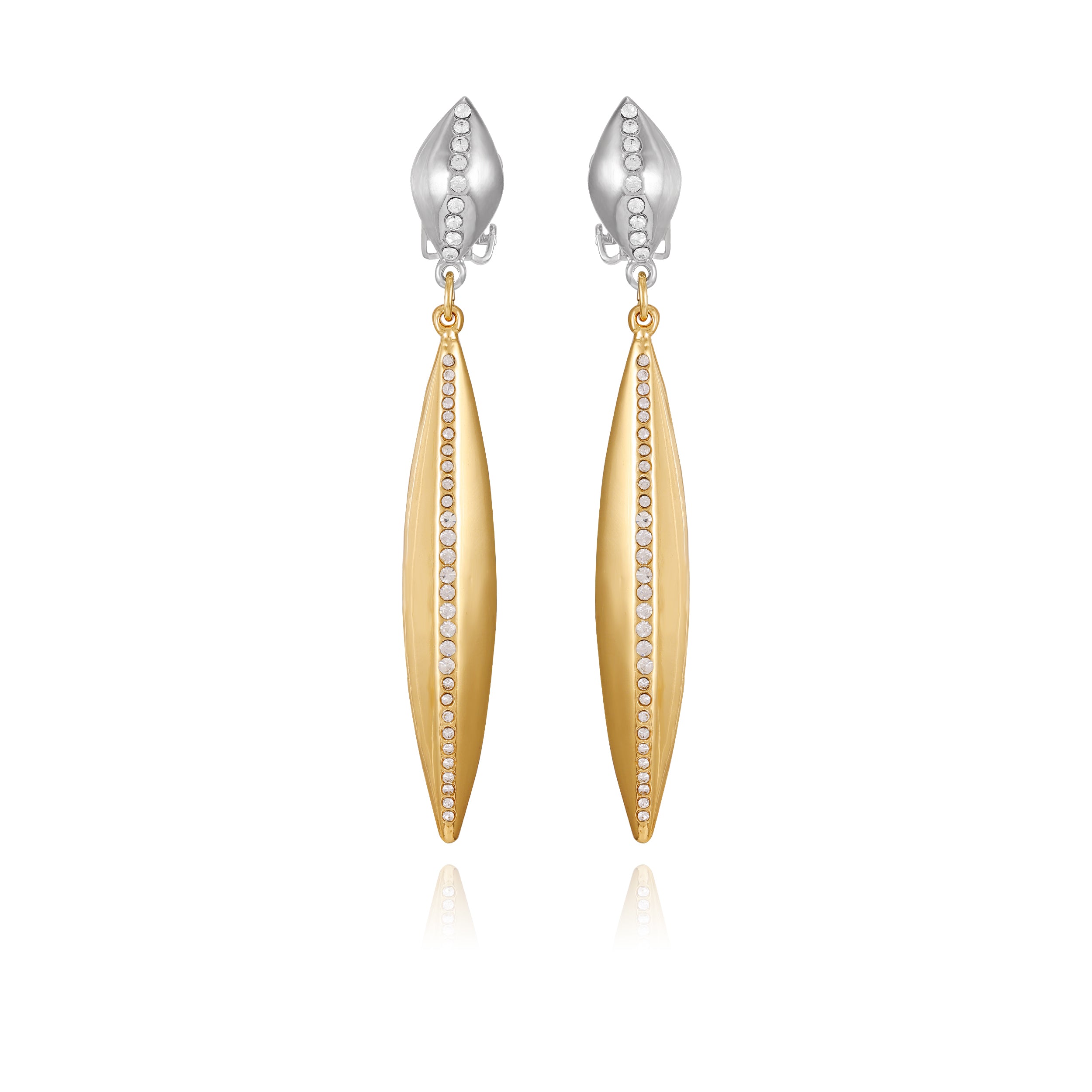 Clip-On Crystal Drop Earrings in Gold & Silver Tone | Elegant Two-Tone Design
