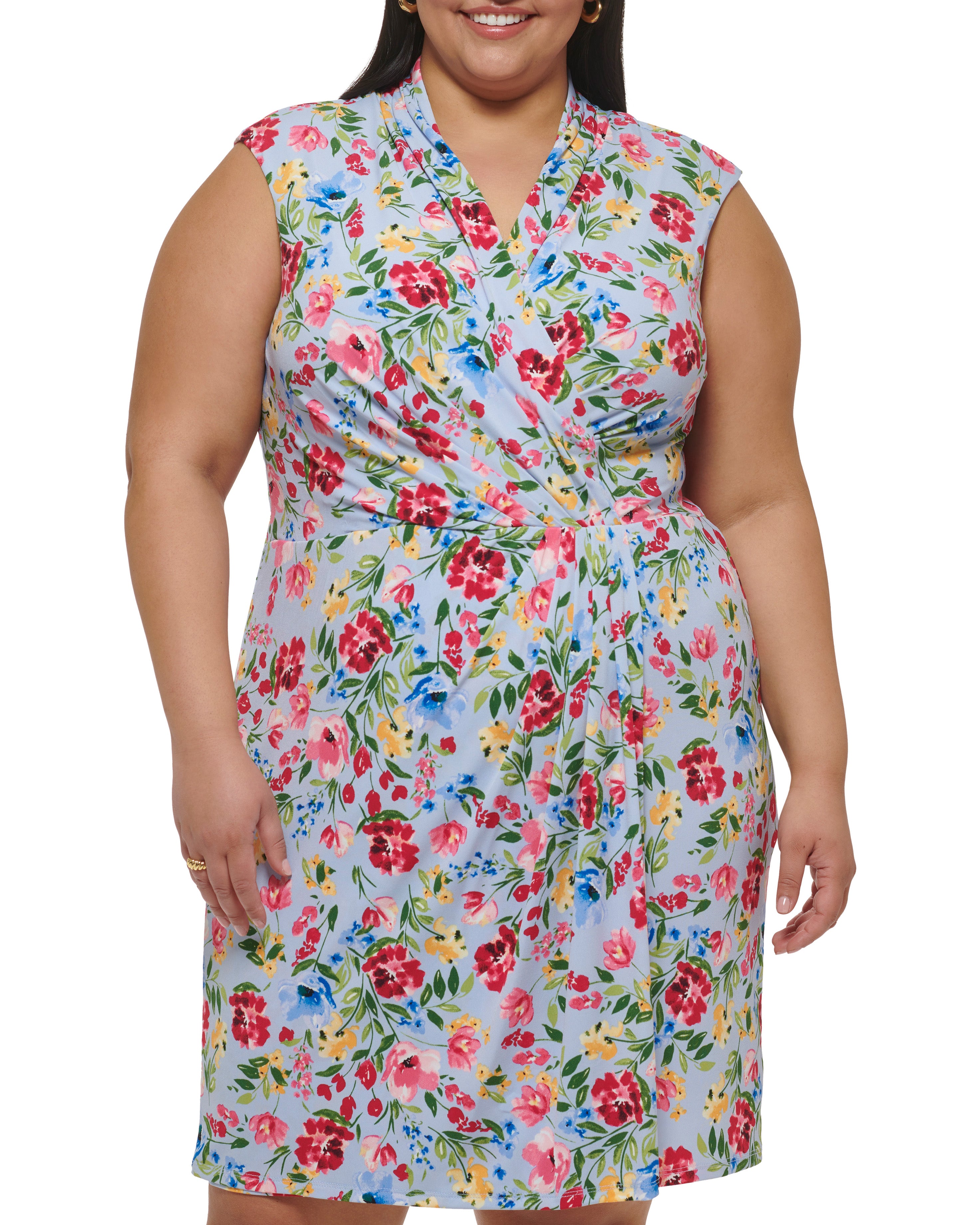 Plus-Size Floral Wrap Dress with Shawl Collar | Sleeveless Jersey