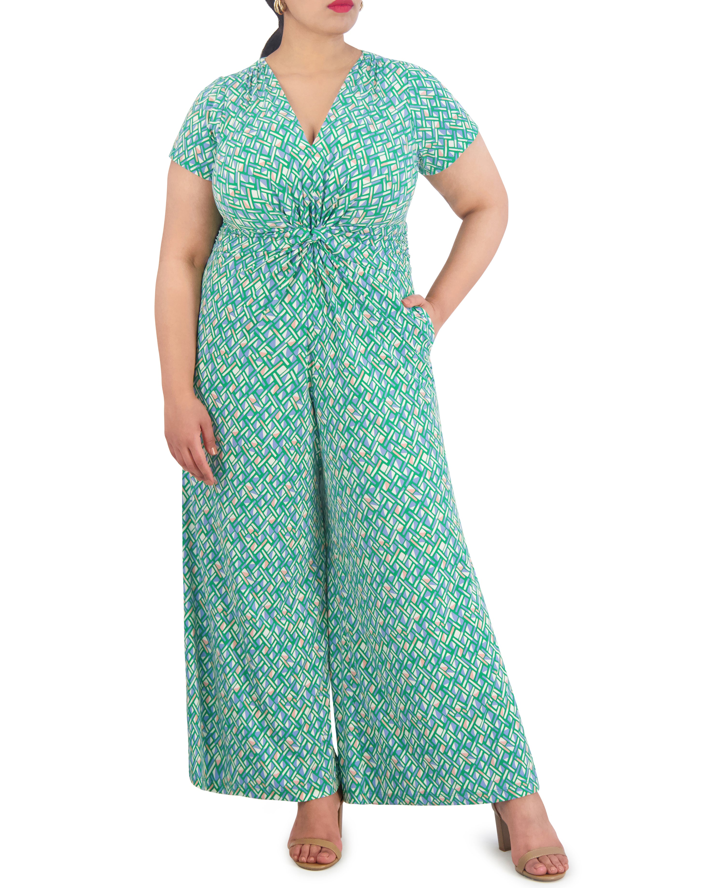 Plus-Size Printed Jumpsuit with Twist-Front & Flared Legs