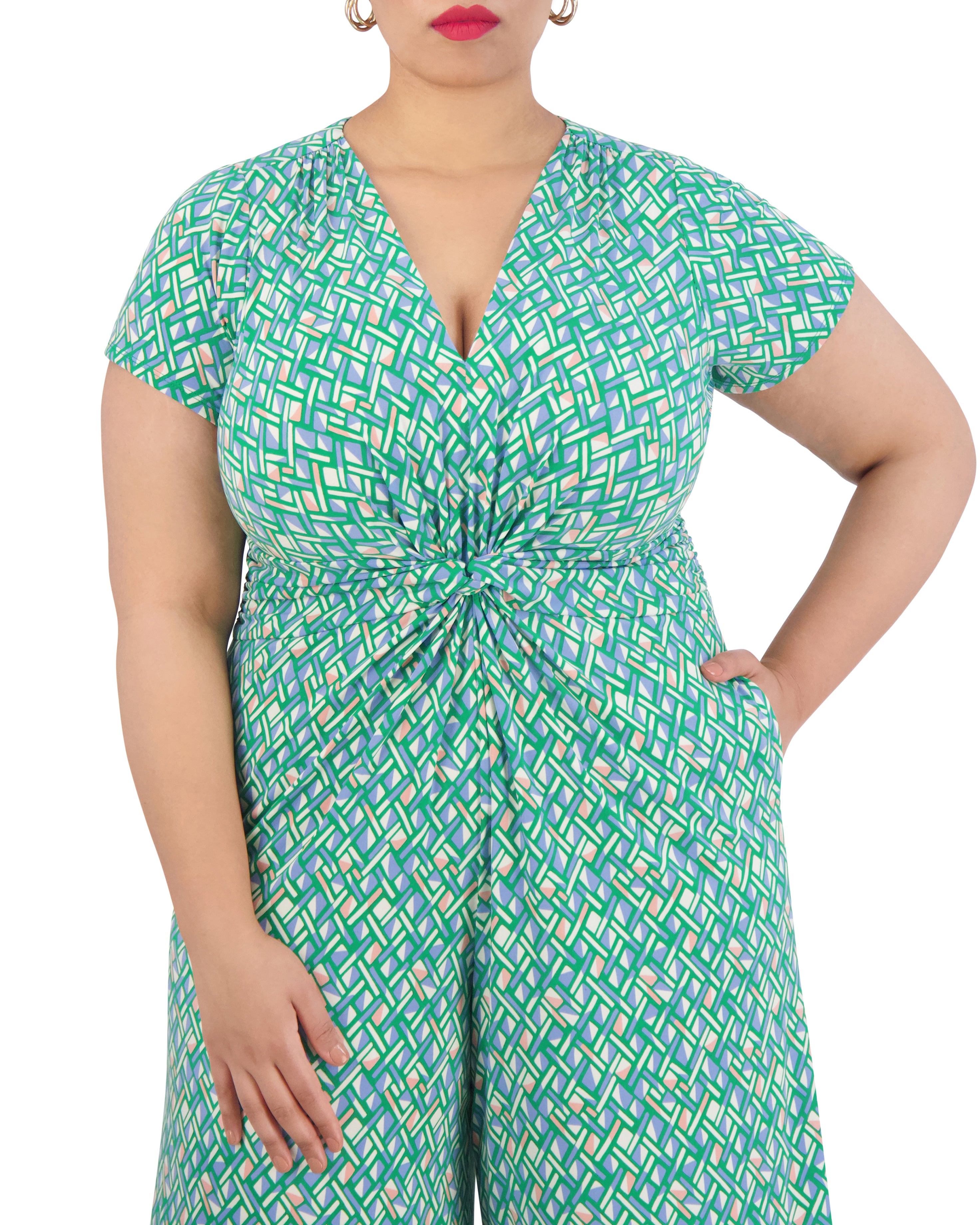 Plus-Size Printed Jumpsuit with Twist-Front & Flared Legs