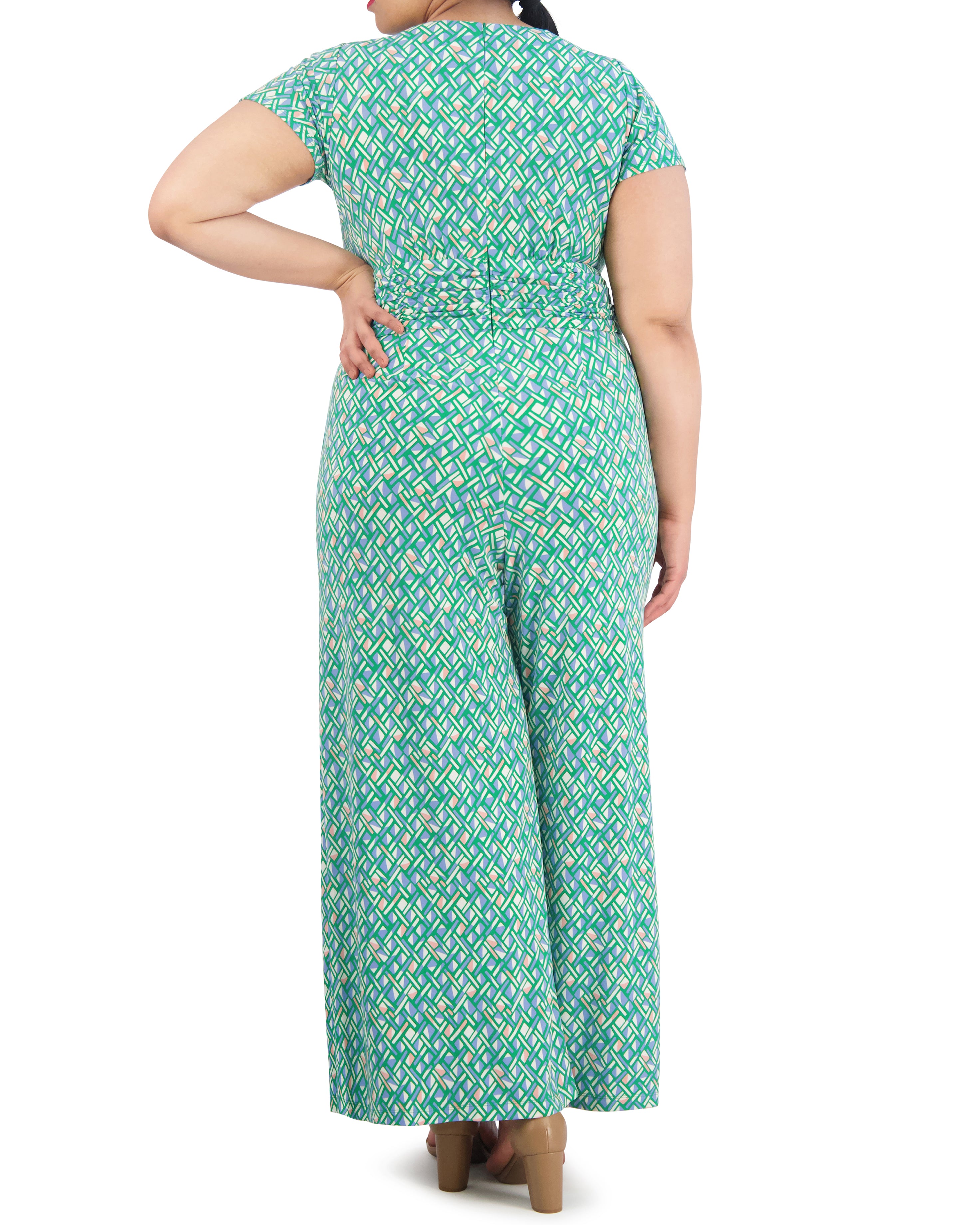 Plus-Size Printed Jumpsuit with Twist-Front & Flared Legs