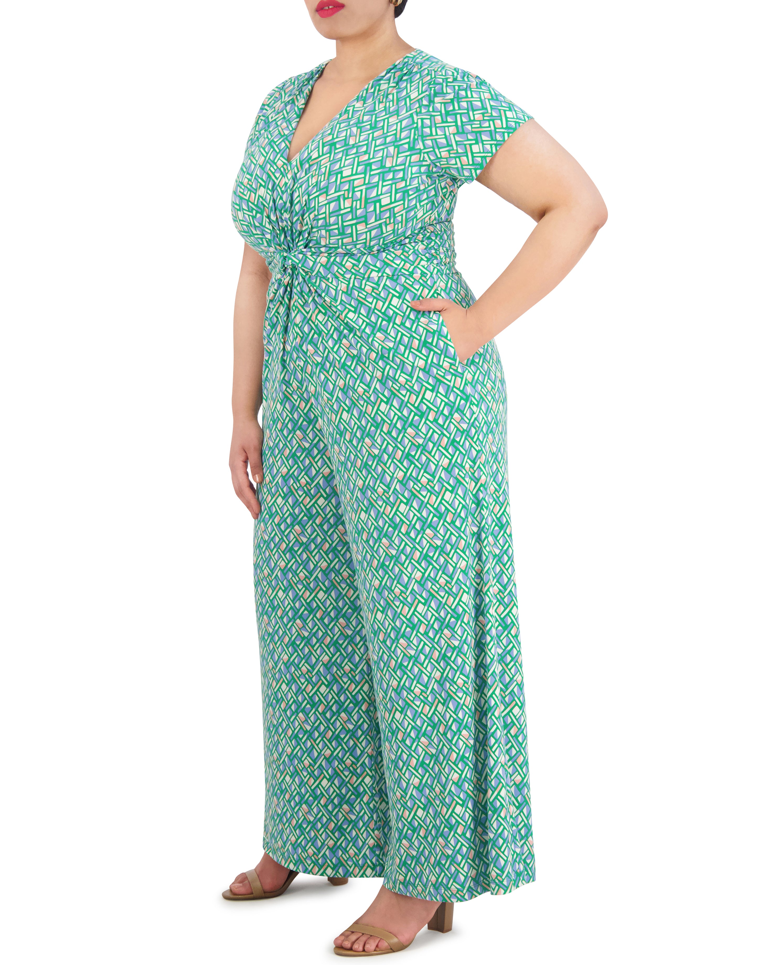 Plus-Size Printed Jumpsuit with Twist-Front & Flared Legs
