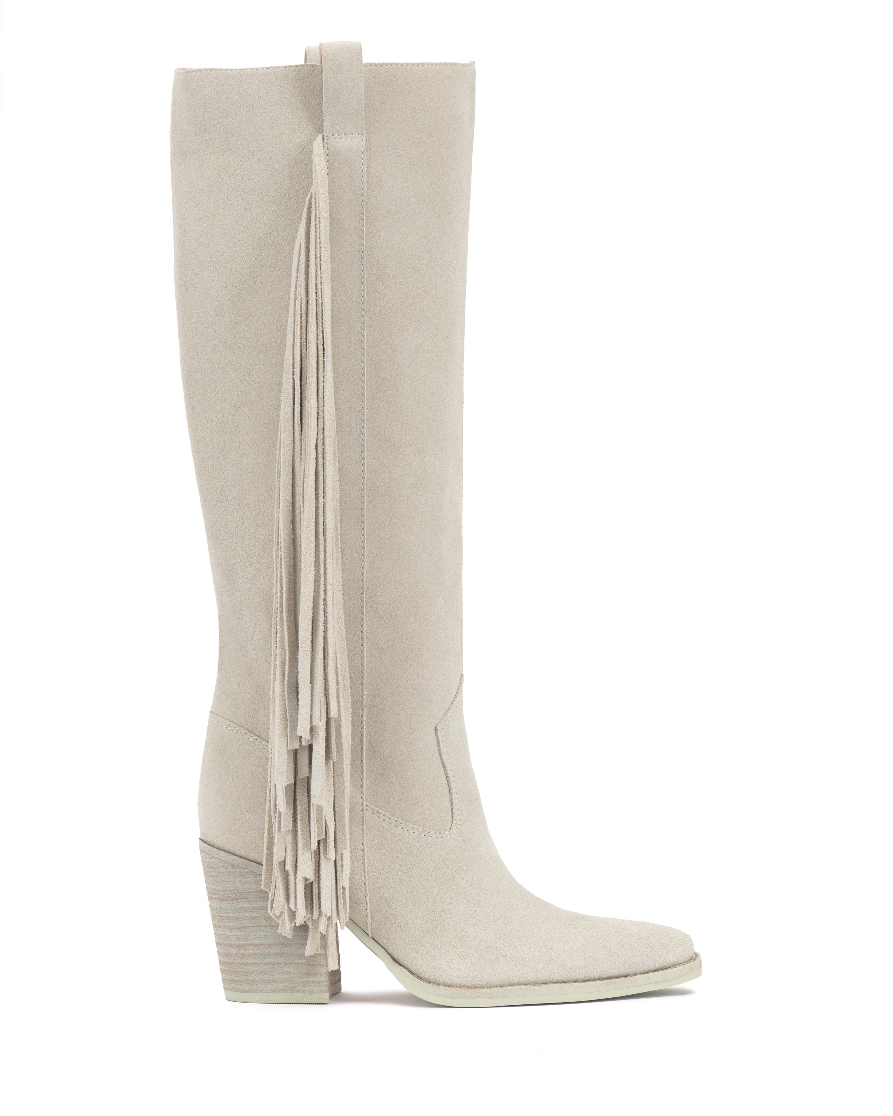 Wide Calf Knee High Boots with Suede Fringe & Block Heel | Pelia