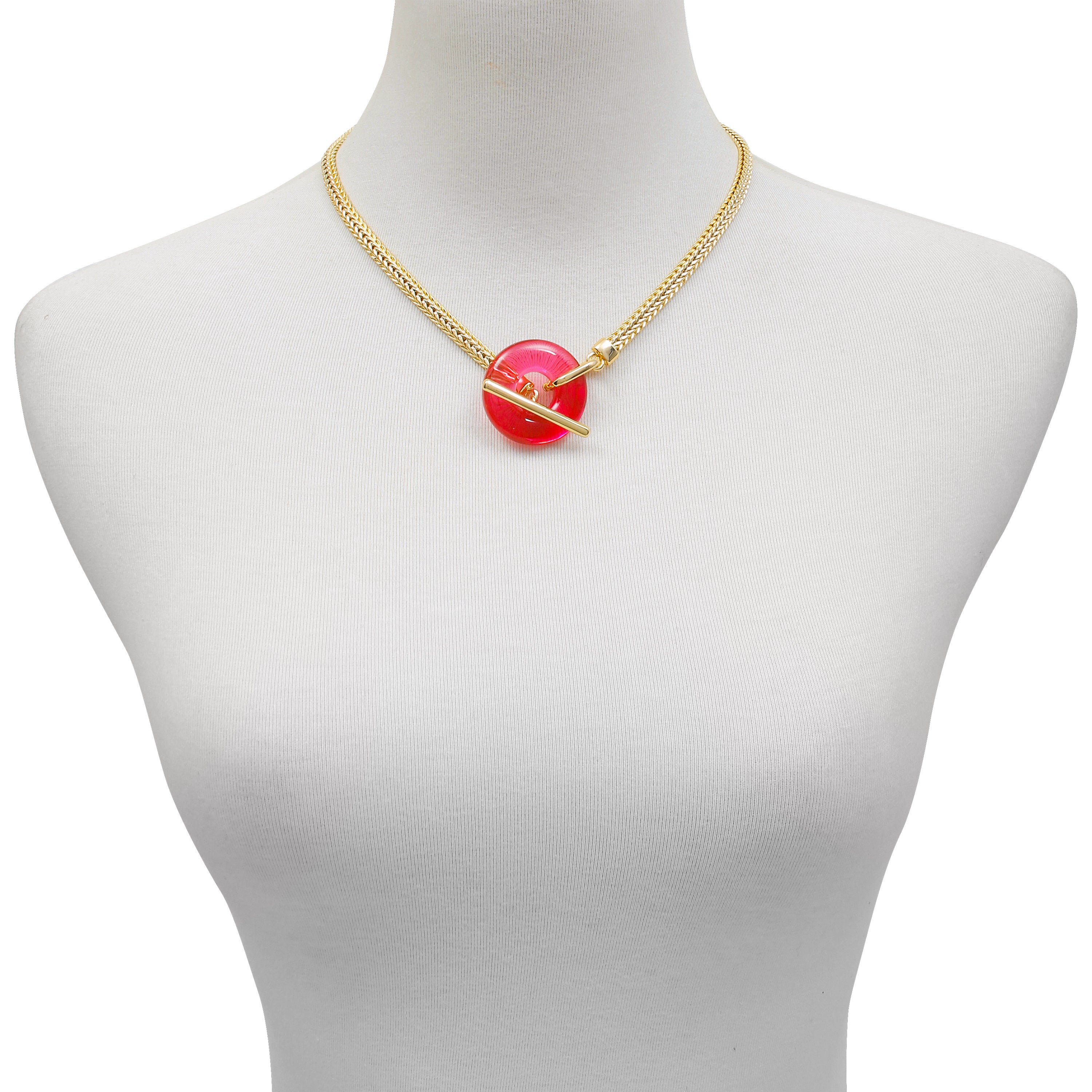 Pink Resin Snake Chain Necklace | Goldtone Foxtail Design