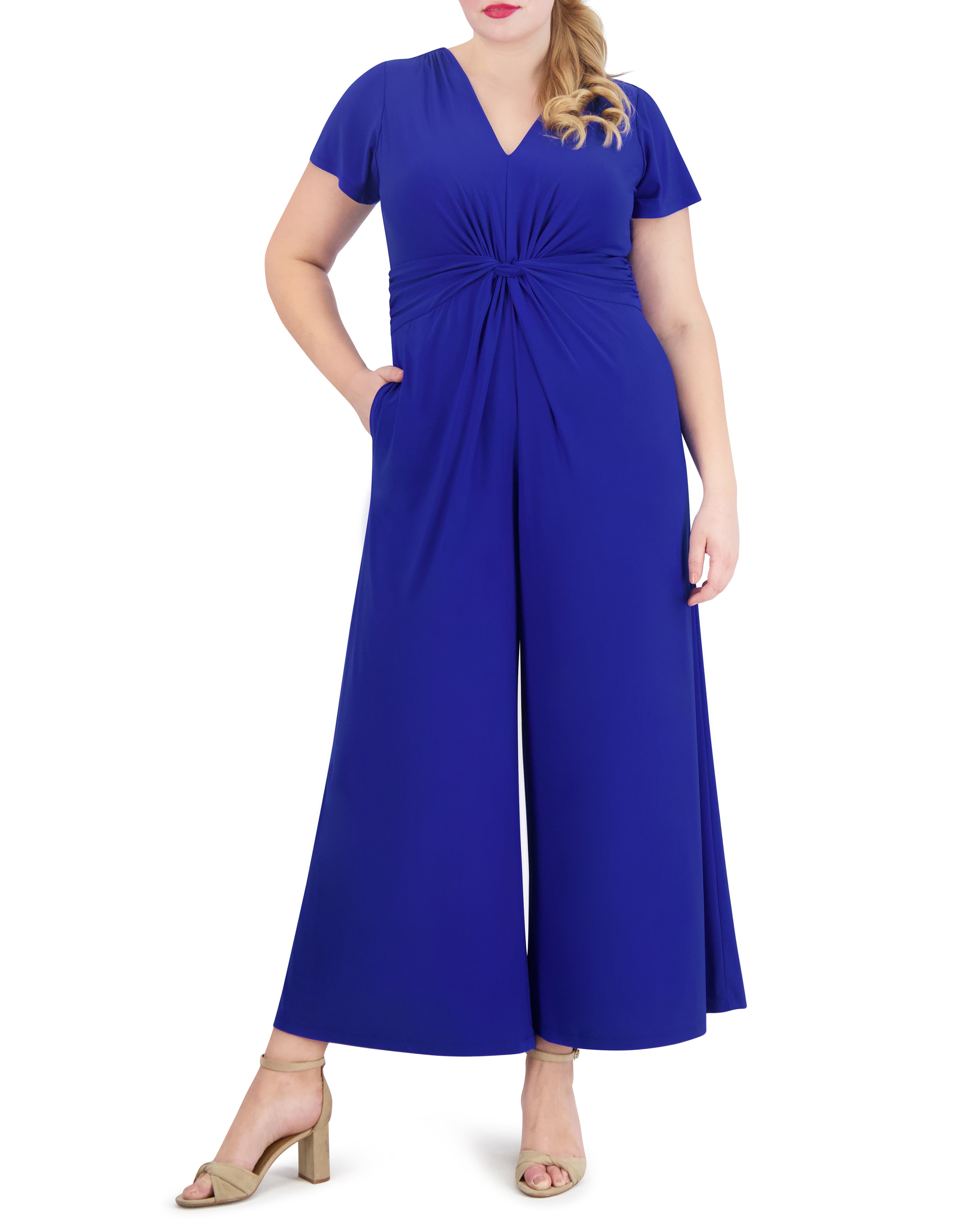 Plus-Size Flared-Leg Jumpsuit with Twist Front Detail | V Neck & Short Sleeves