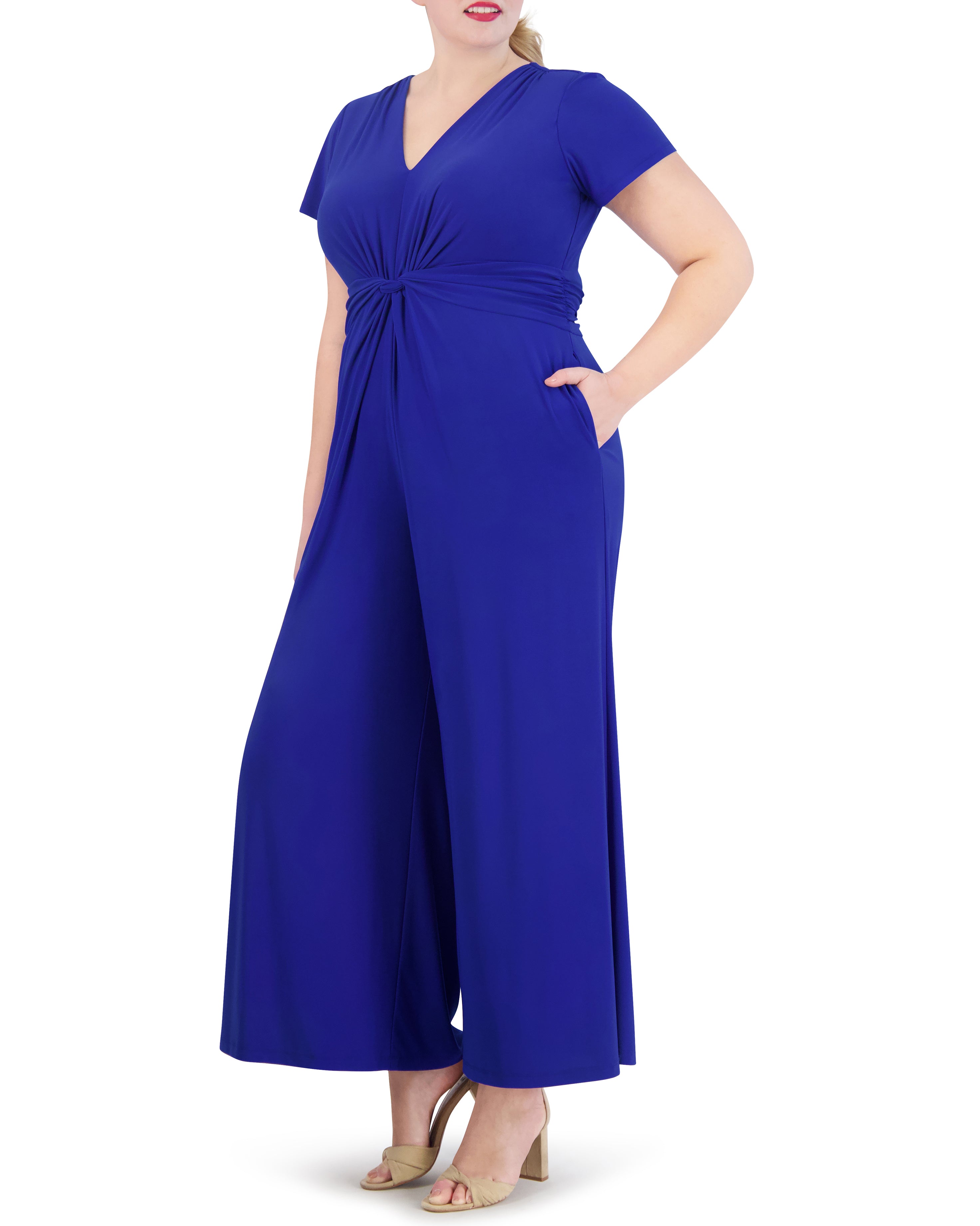 Plus-Size Flared-Leg Jumpsuit with Twist Front Detail | V Neck & Short Sleeves