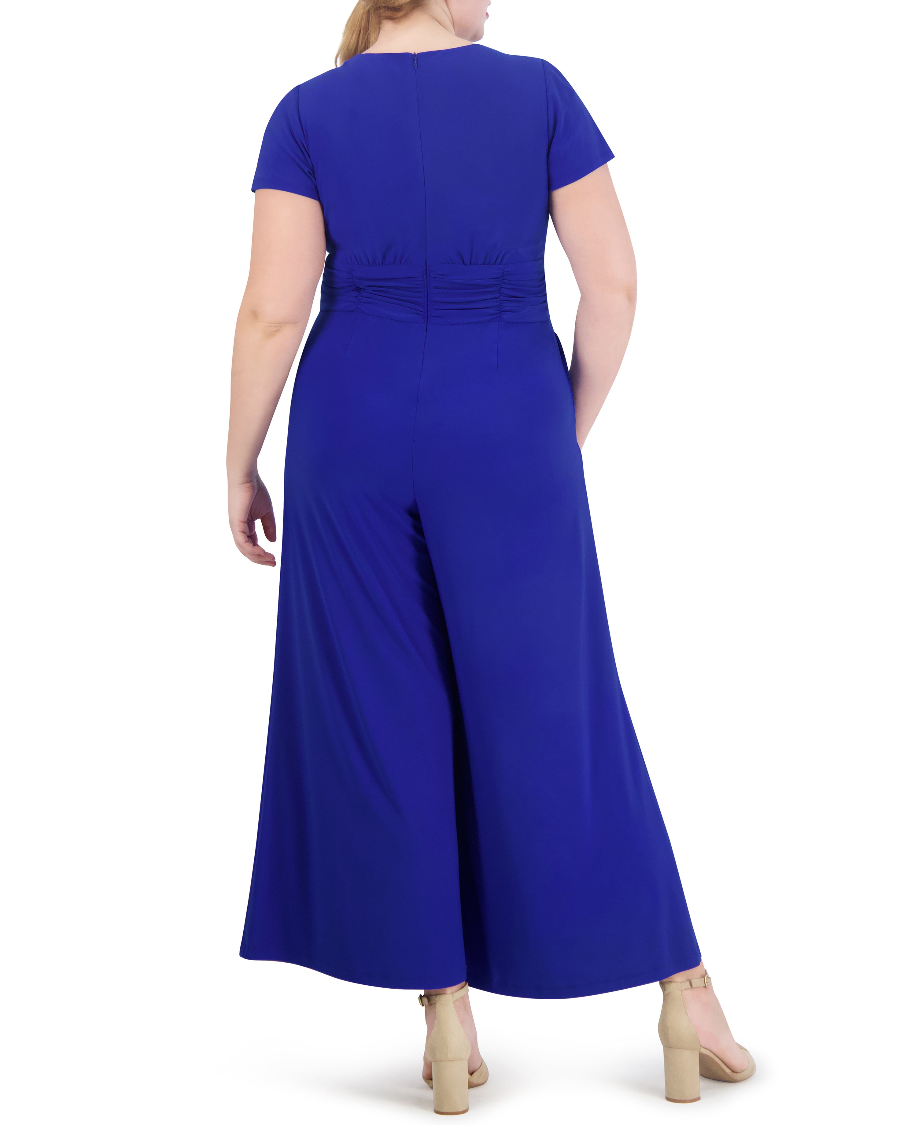 Plus-Size Flared-Leg Jumpsuit with Twist Front Detail | V Neck & Short Sleeves