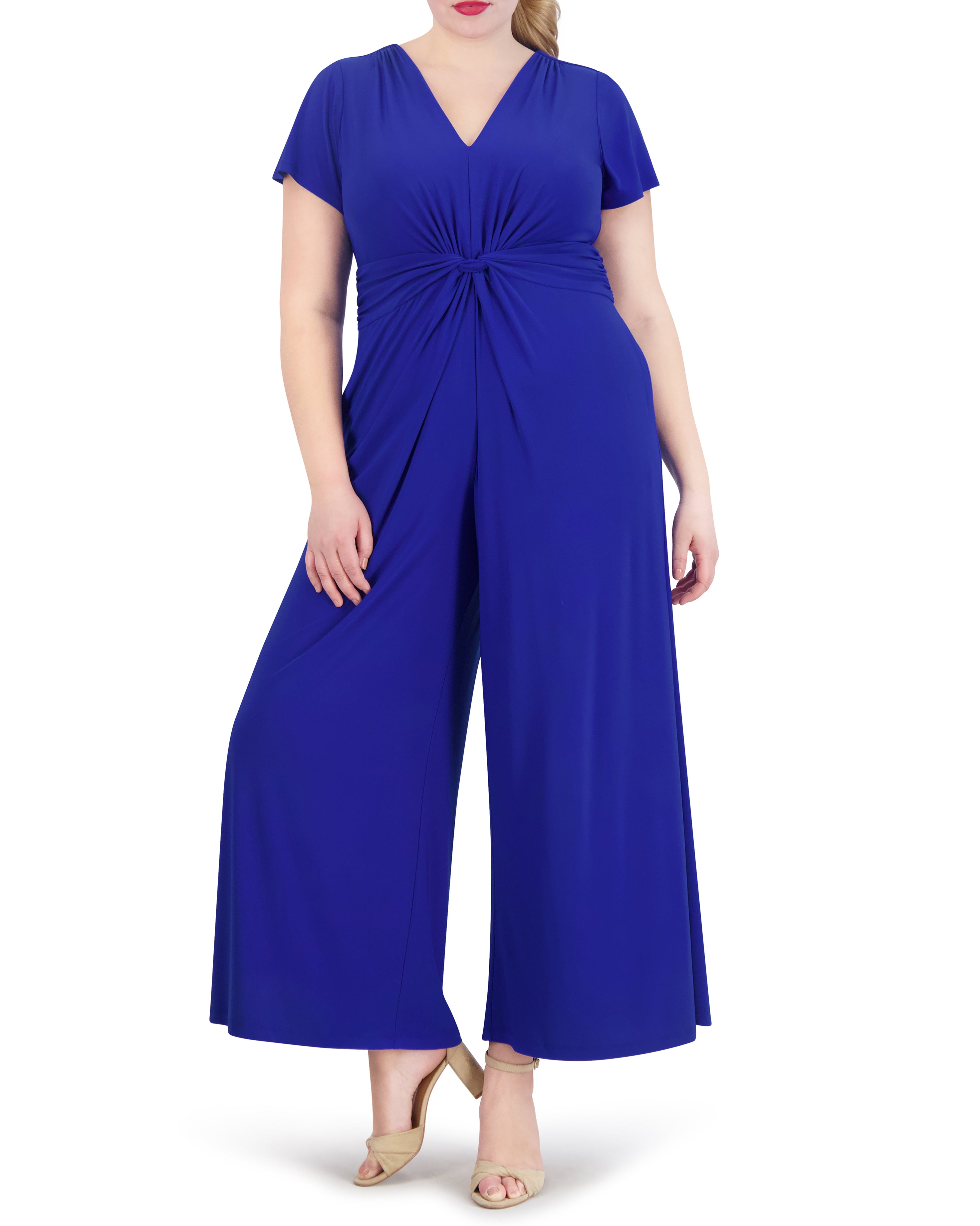 Plus-Size Flared-Leg Jumpsuit with Twist Front Detail | V Neck & Short Sleeves