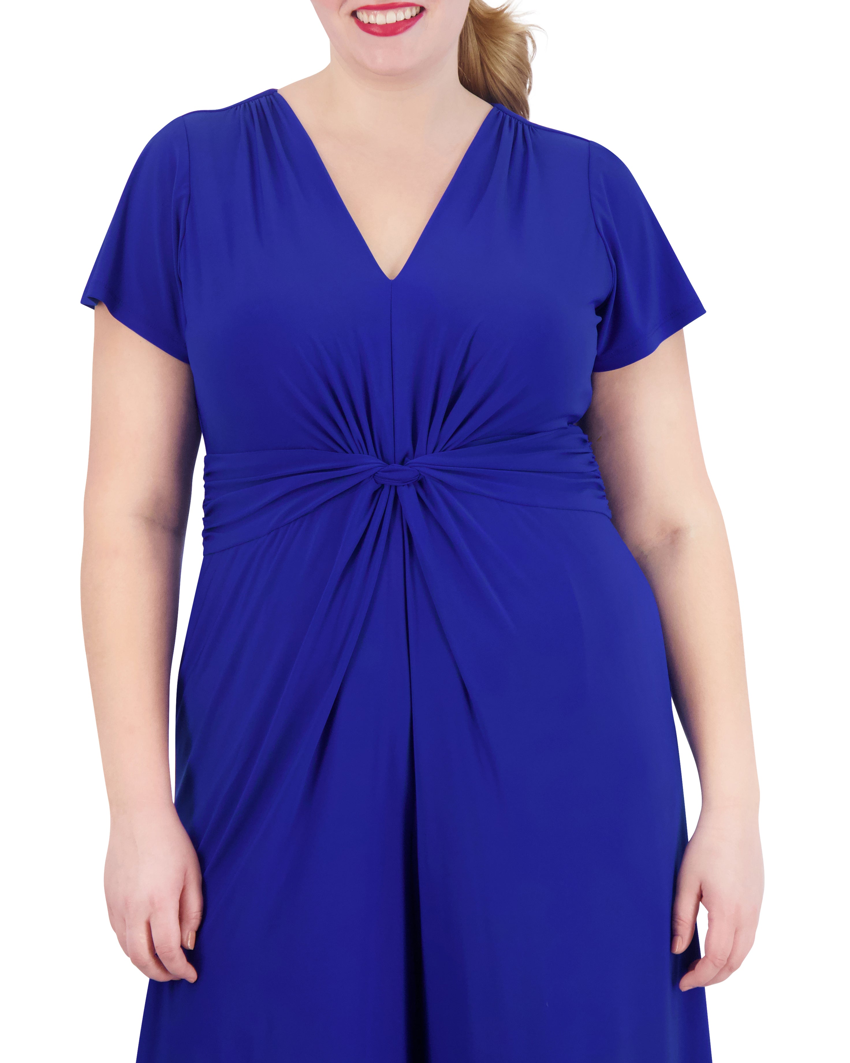 Plus-Size Flared-Leg Jumpsuit with Twist Front Detail | V Neck & Short Sleeves