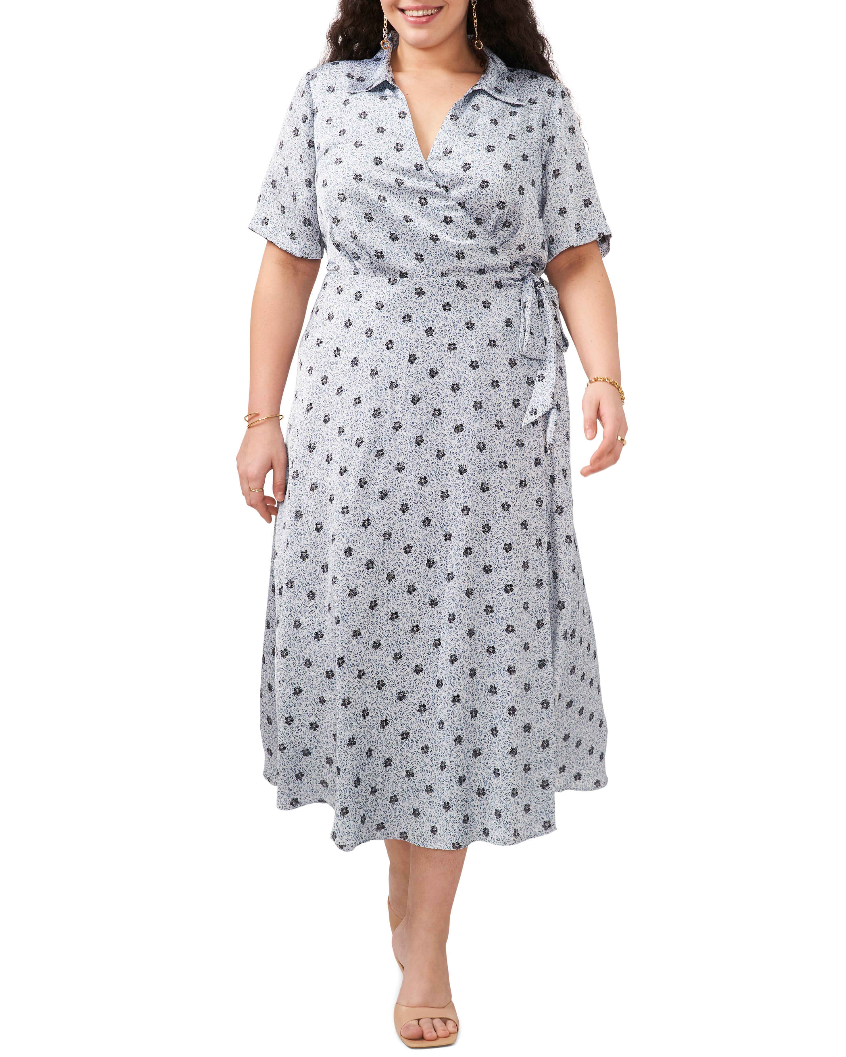 Plus-Size Floral Wrap Dress for Garden Parties | Leaf Print Tea-Length