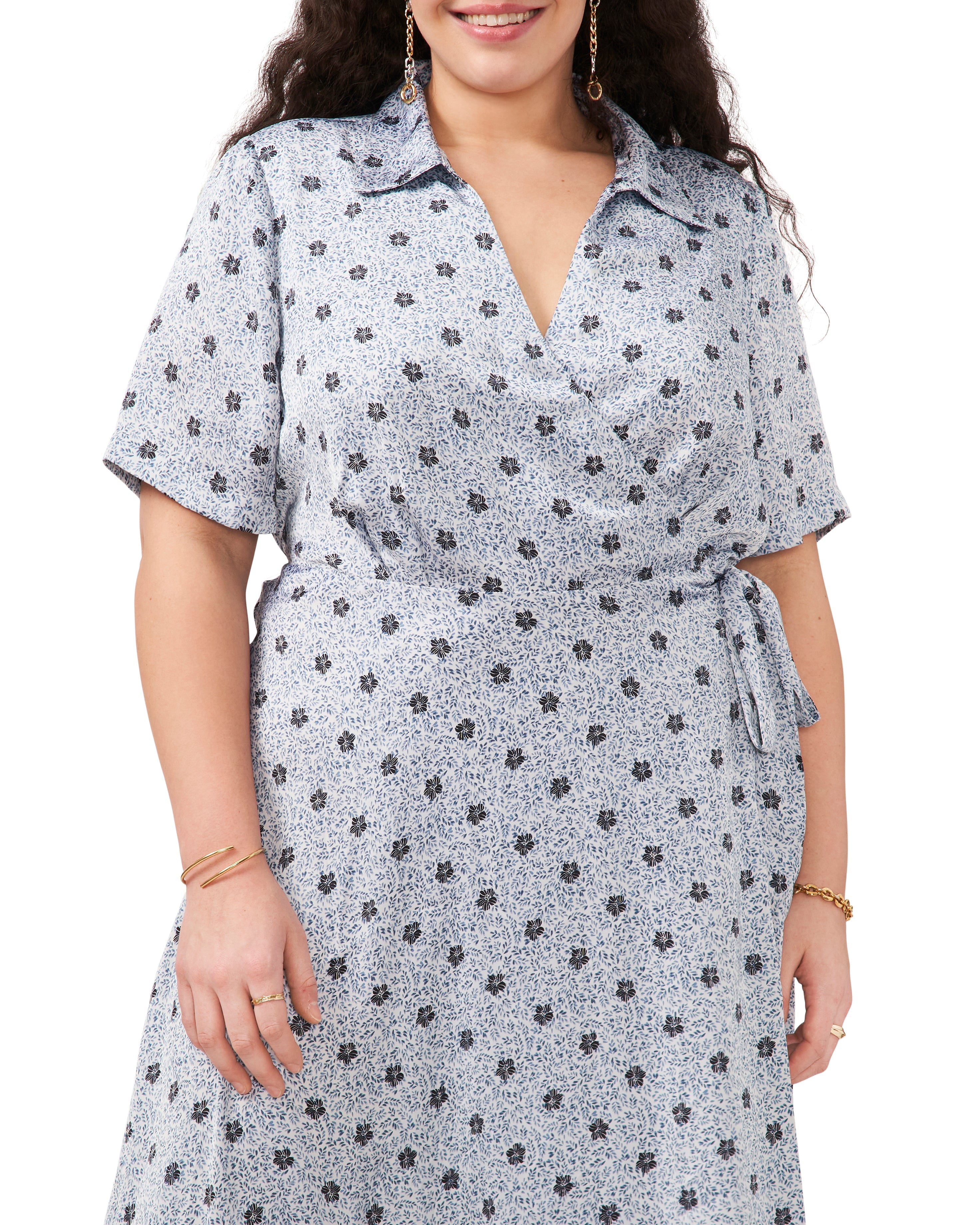 Plus-Size Floral Wrap Dress for Garden Parties | Leaf Print Tea-Length