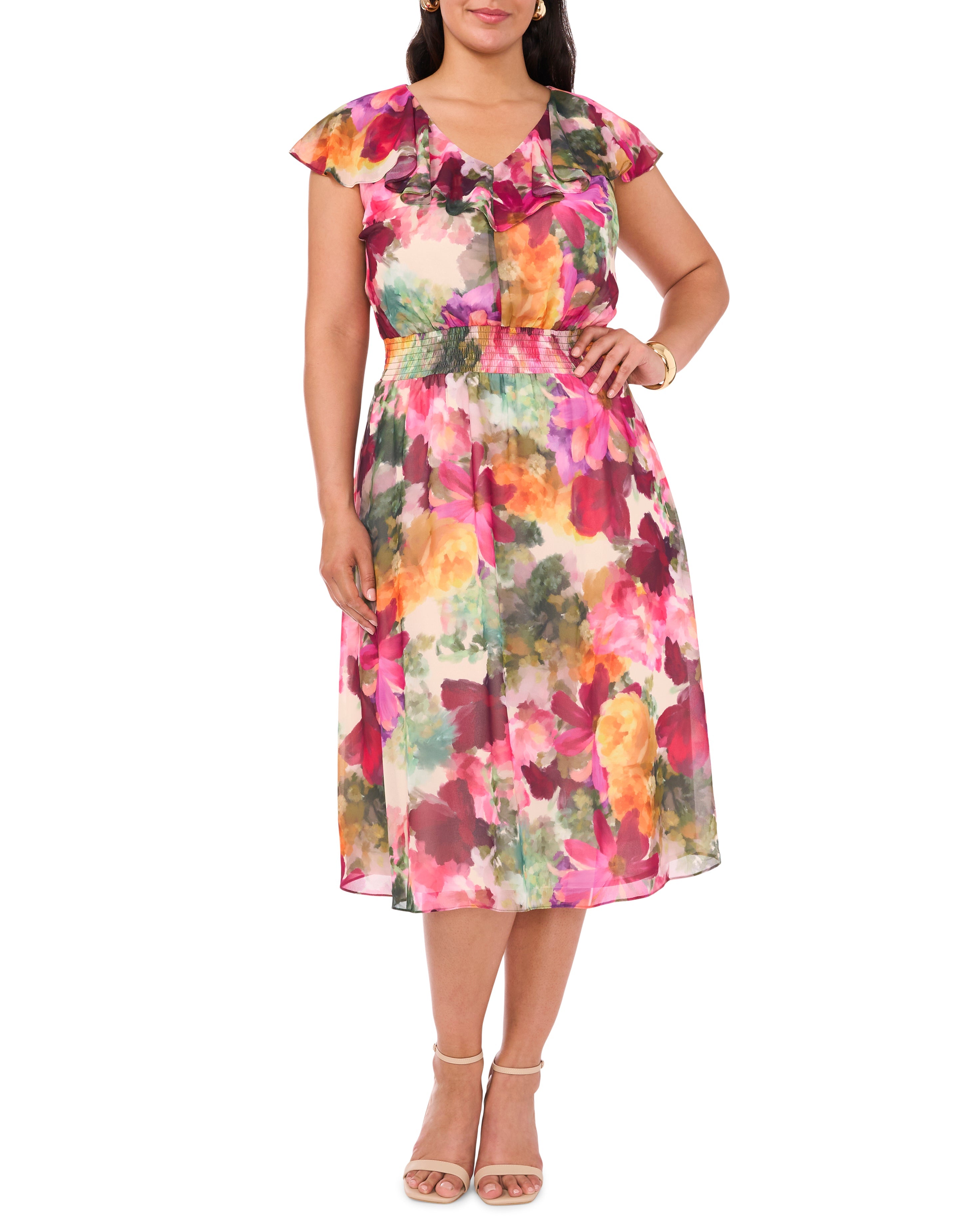 V-Neck Smocked Waist Midi Dress with Ruffled Sleeves | Flattering Below-Knee Design