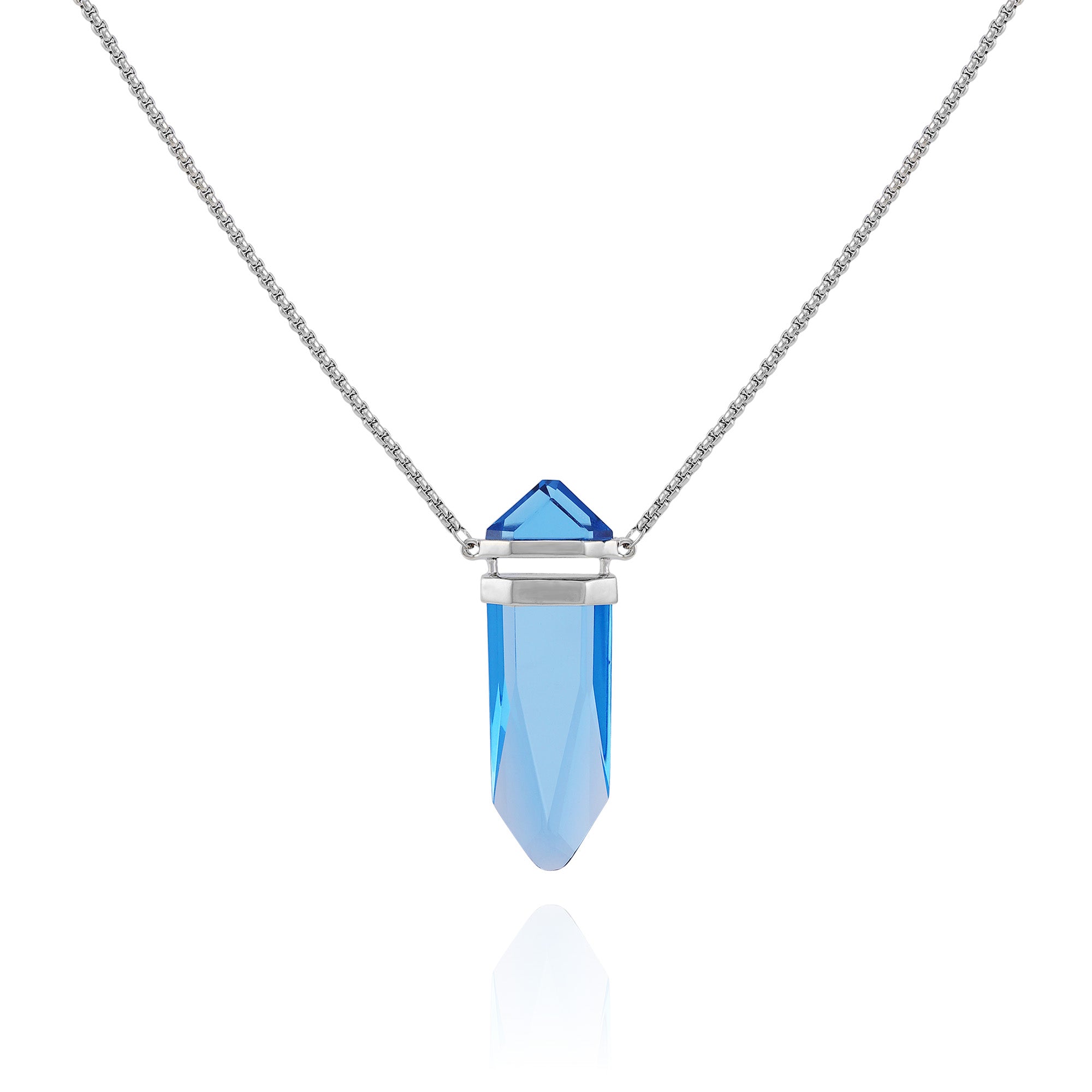 Blue Crystal Pendant Necklace with Long Chain | Silvertone