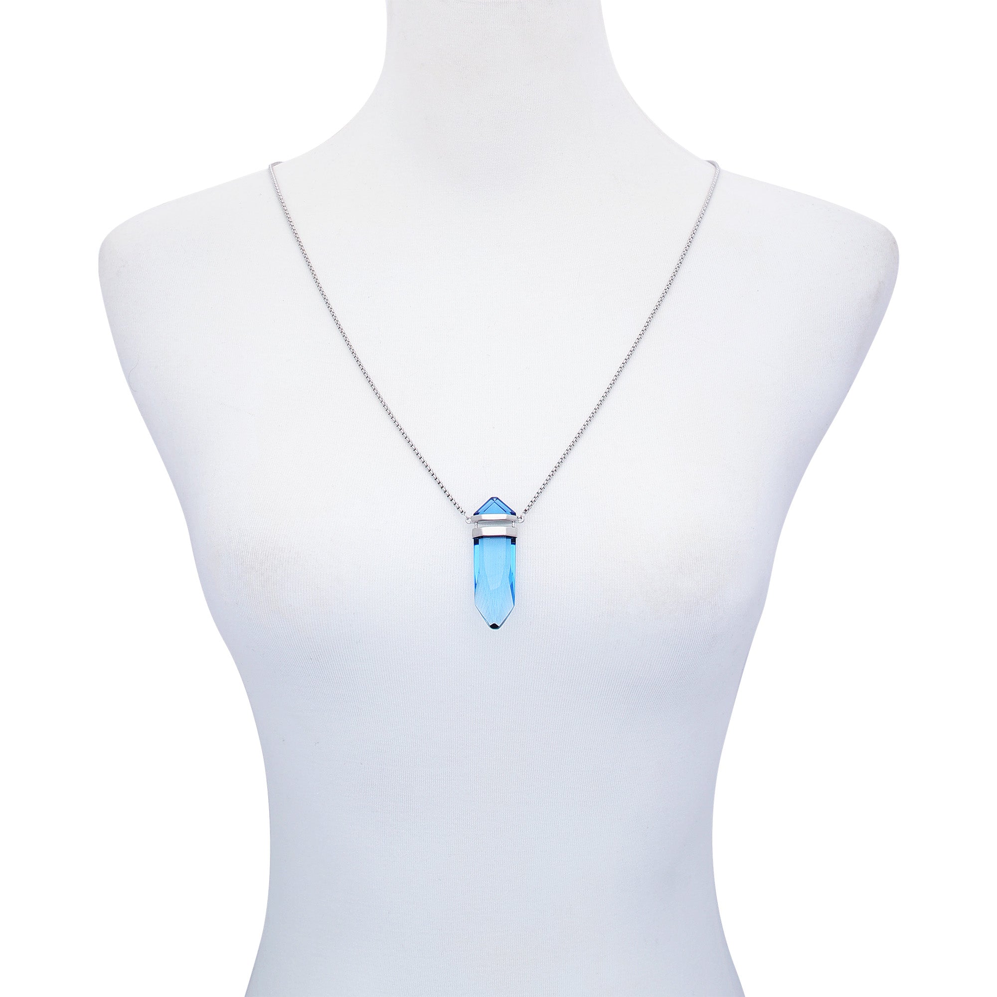 Blue Crystal Pendant Necklace with Long Chain | Silvertone