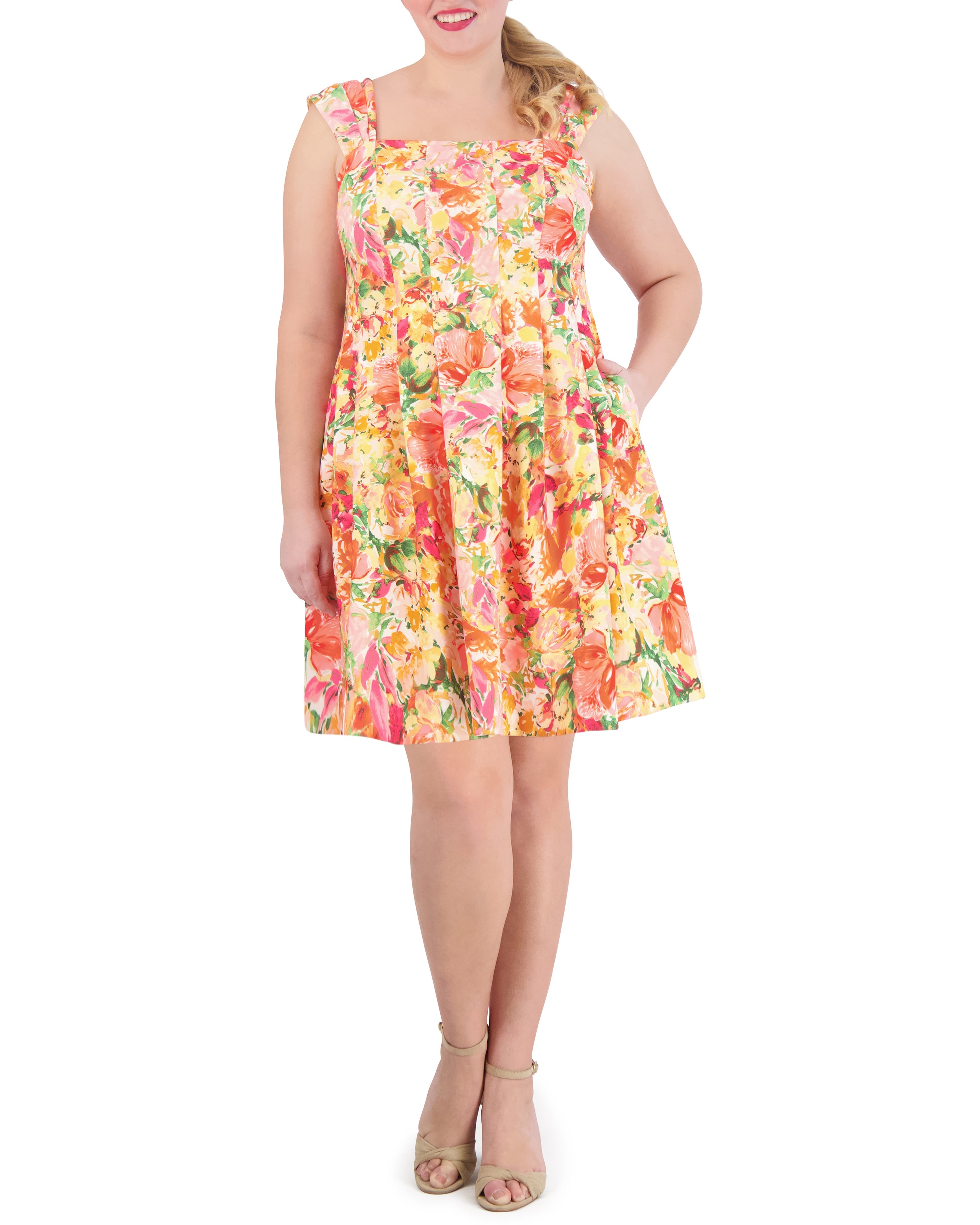 Square-Neck Fit & Flare Mini Dress | Printed Stretch Fabric