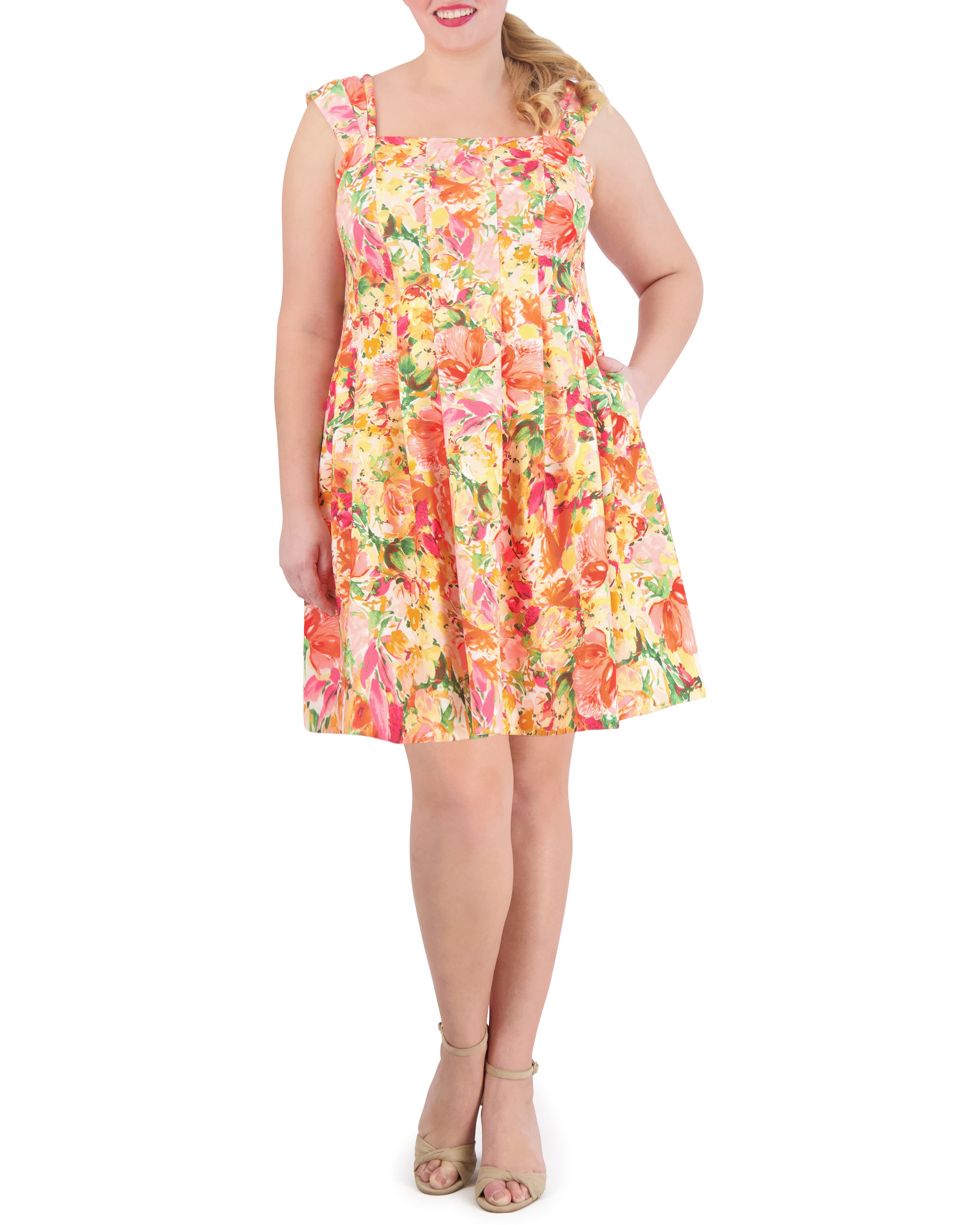Plus-Size Floral Fit & Flare Dress | Square Neck Sleeveless Mini