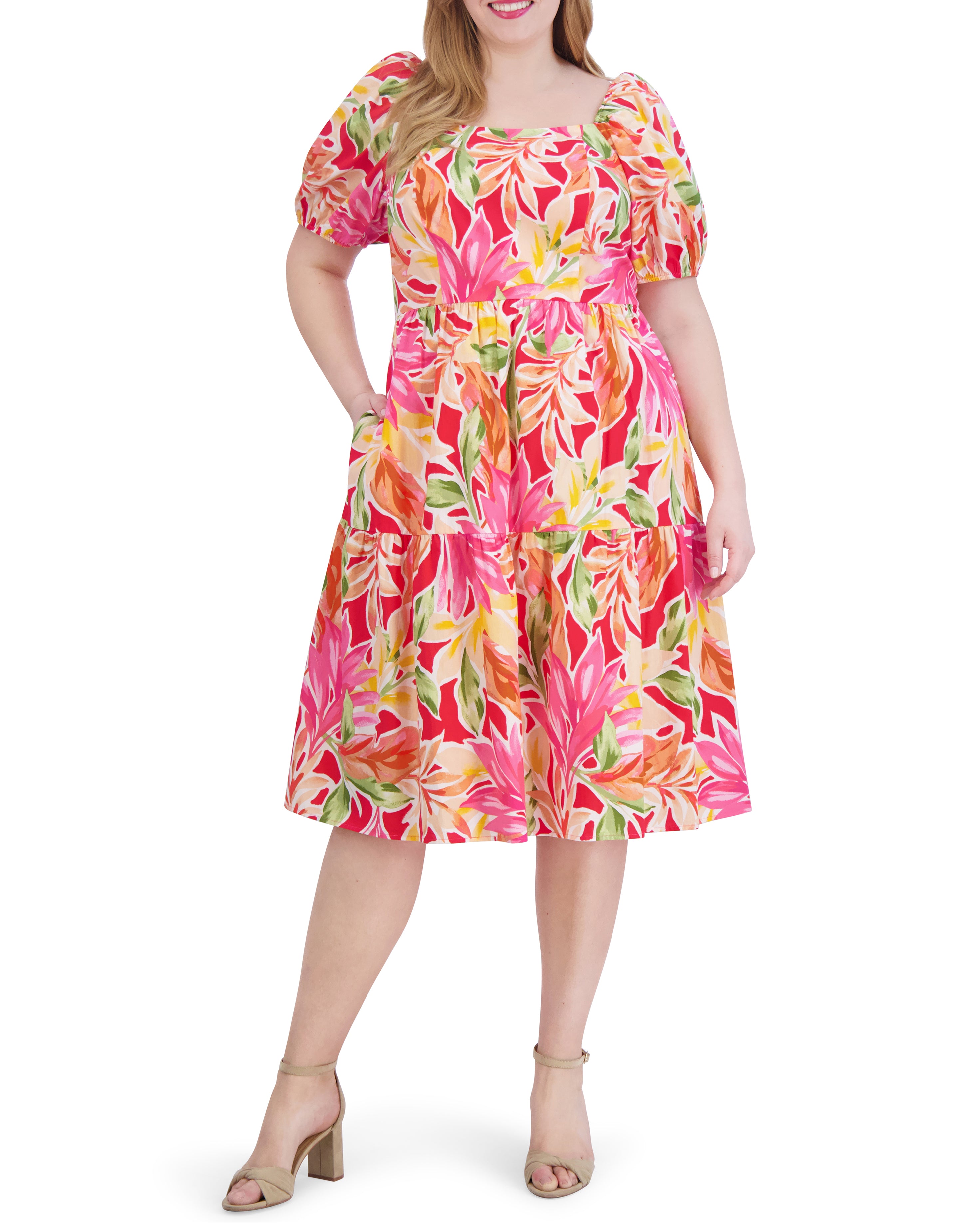 Printed Cotton Midi Dress with Square Neck & Puff Sleeves | Plus-Size
