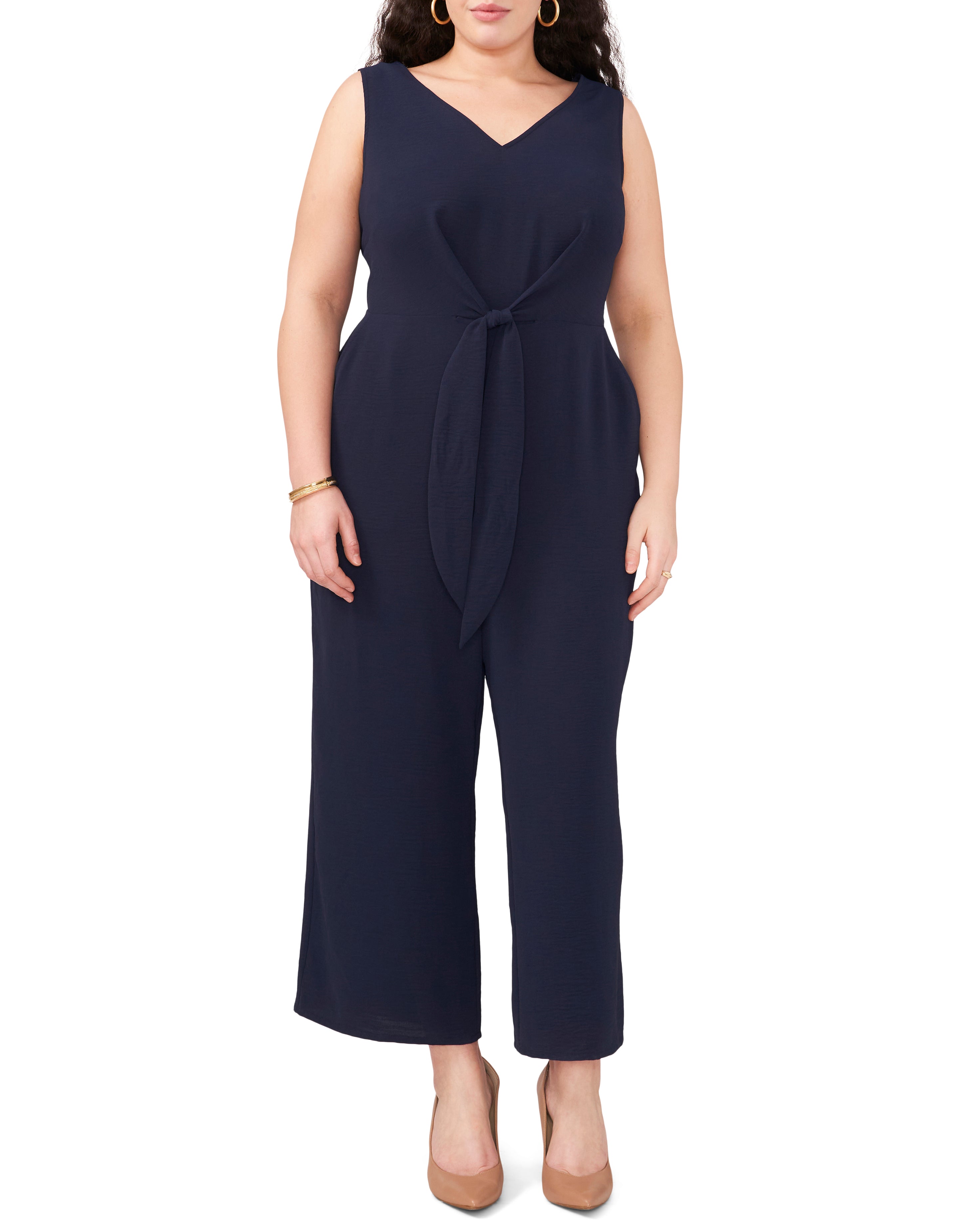 Plus-Size V-Neck Jumpsuit with Front Tie | Flattering Cropped Wide Leg