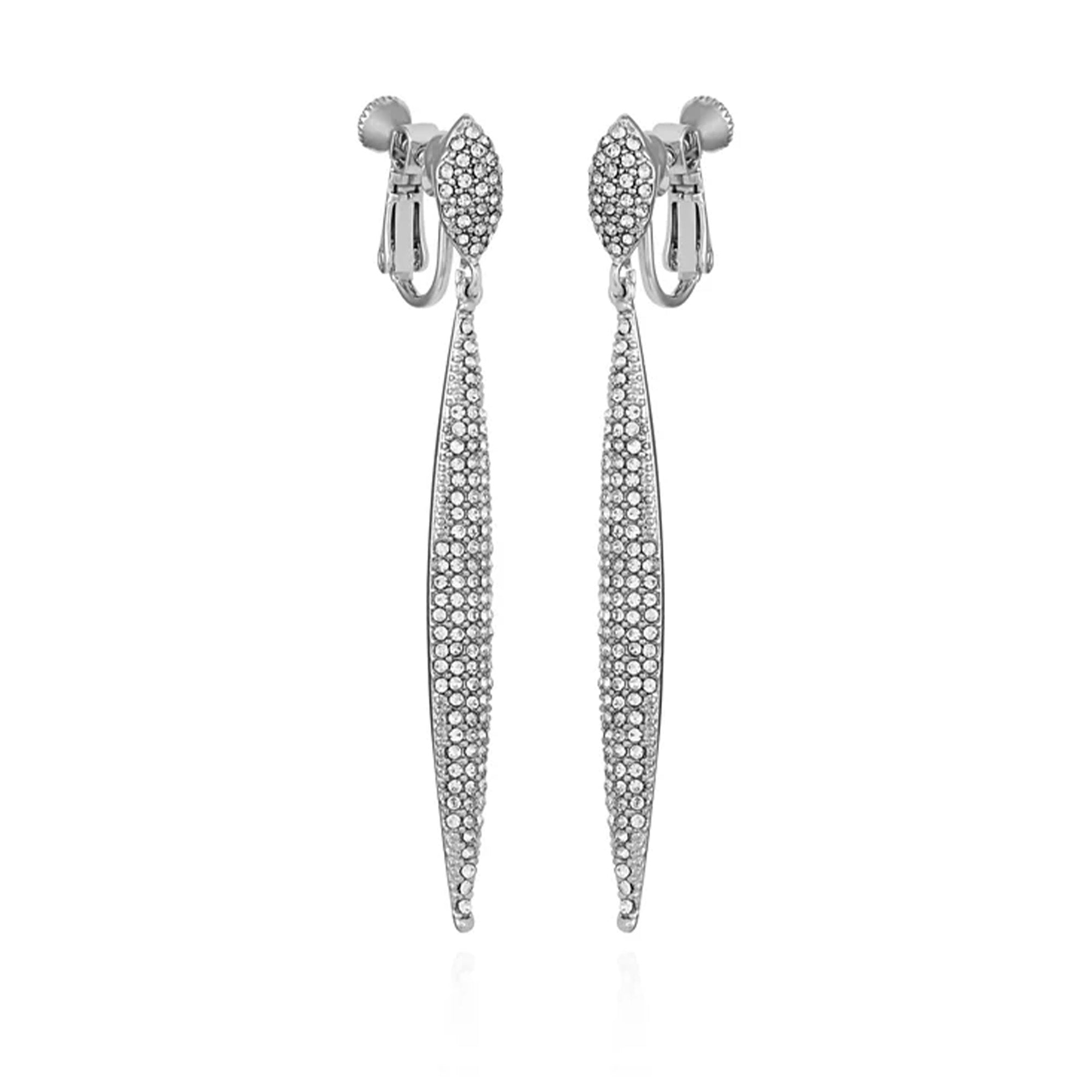 Glass Stone Pave Drop Clip-On Earrings with Screw Back | Silvertone