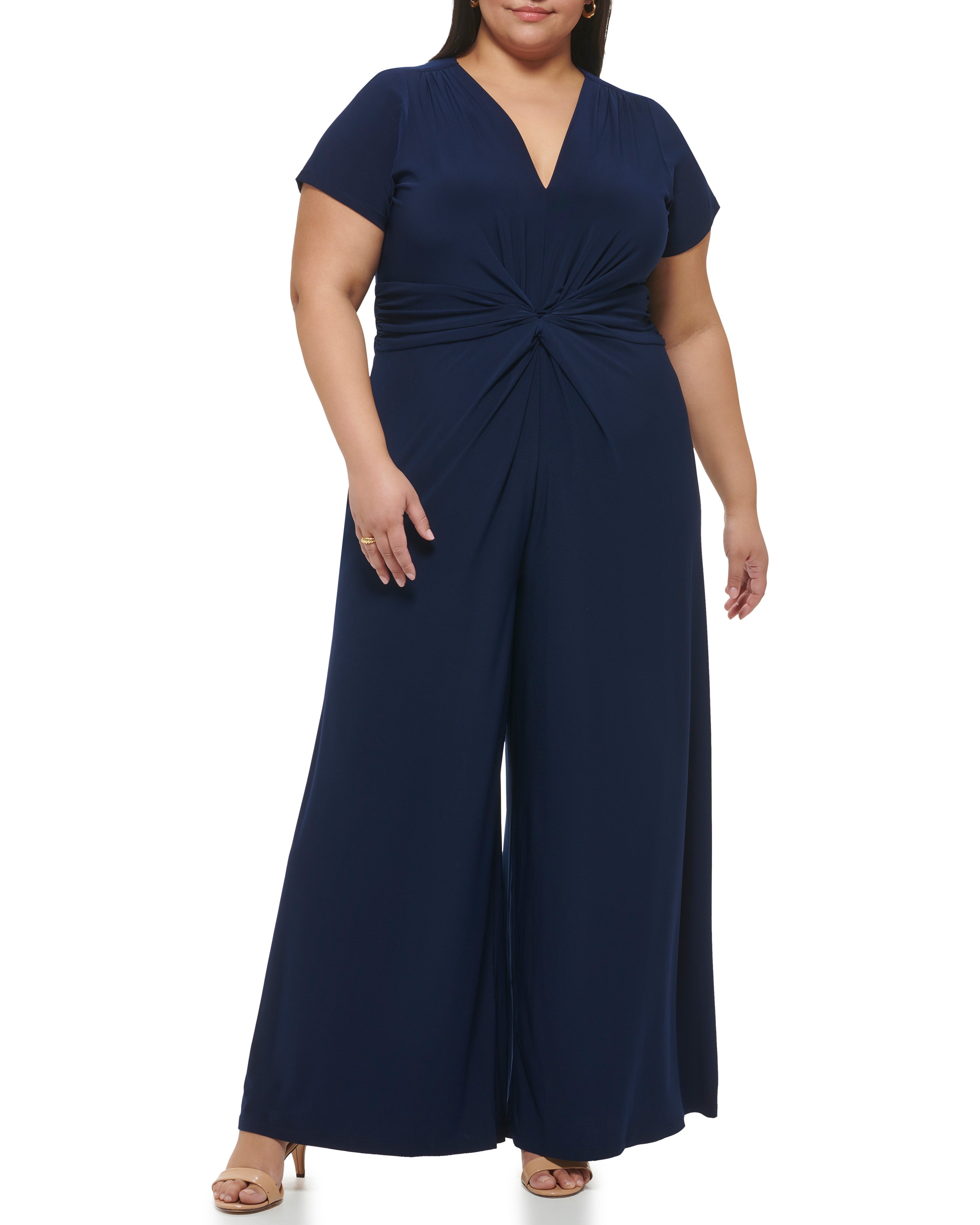 Plus-Size Flared-Leg Jumpsuit with Twist Front Detail | V Neck & Short Sleeves