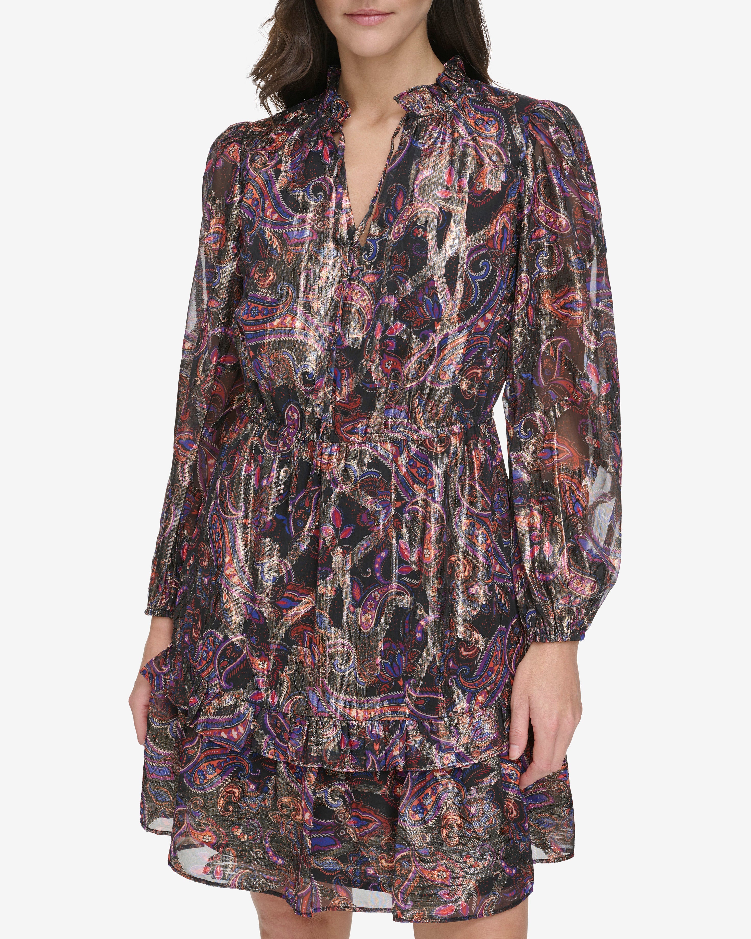 Paisley Print Mini Dress with Ruffled Collar & Tie Detail