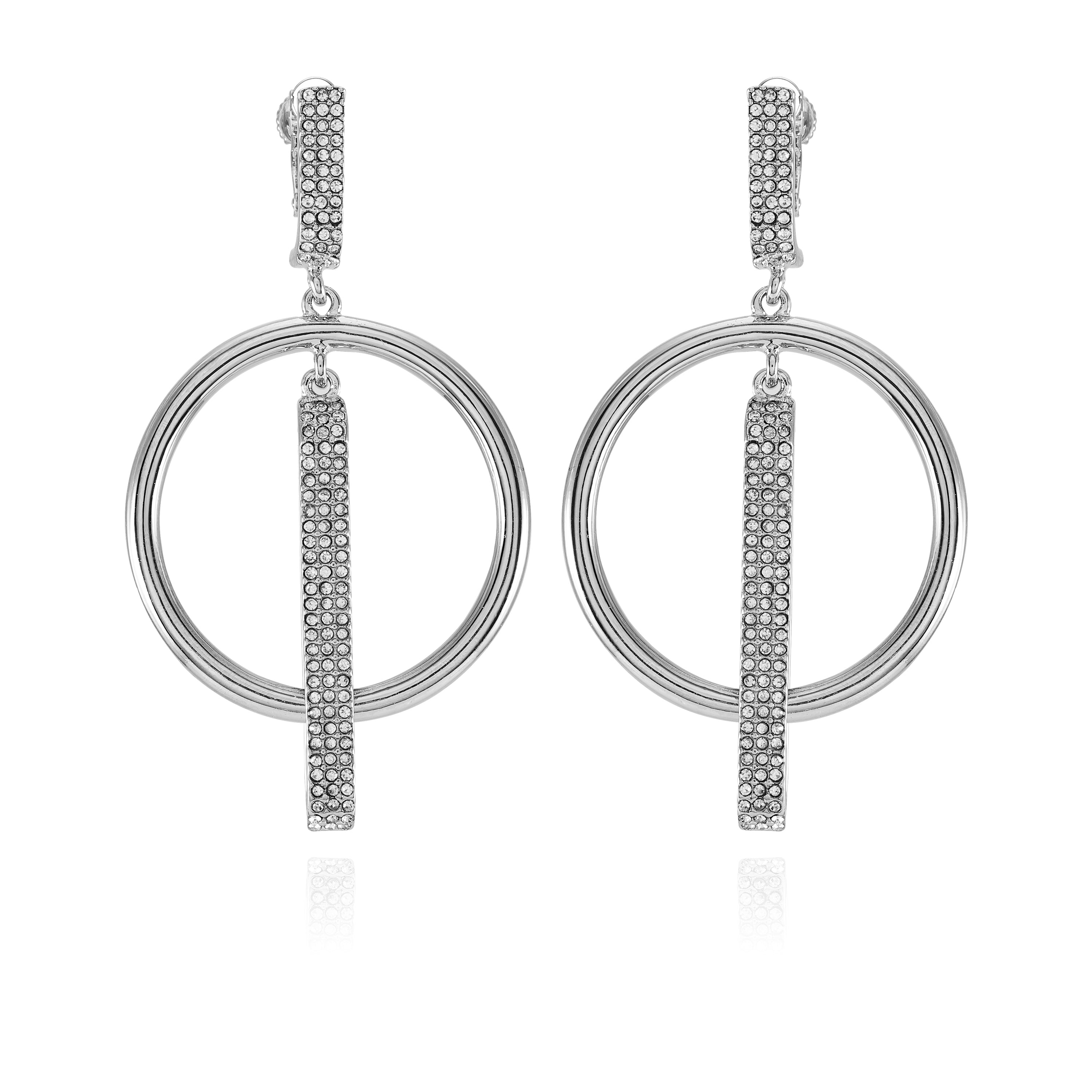 Clip-On Hoop Earrings with Glass Stones | Silvertone Drop Dangles