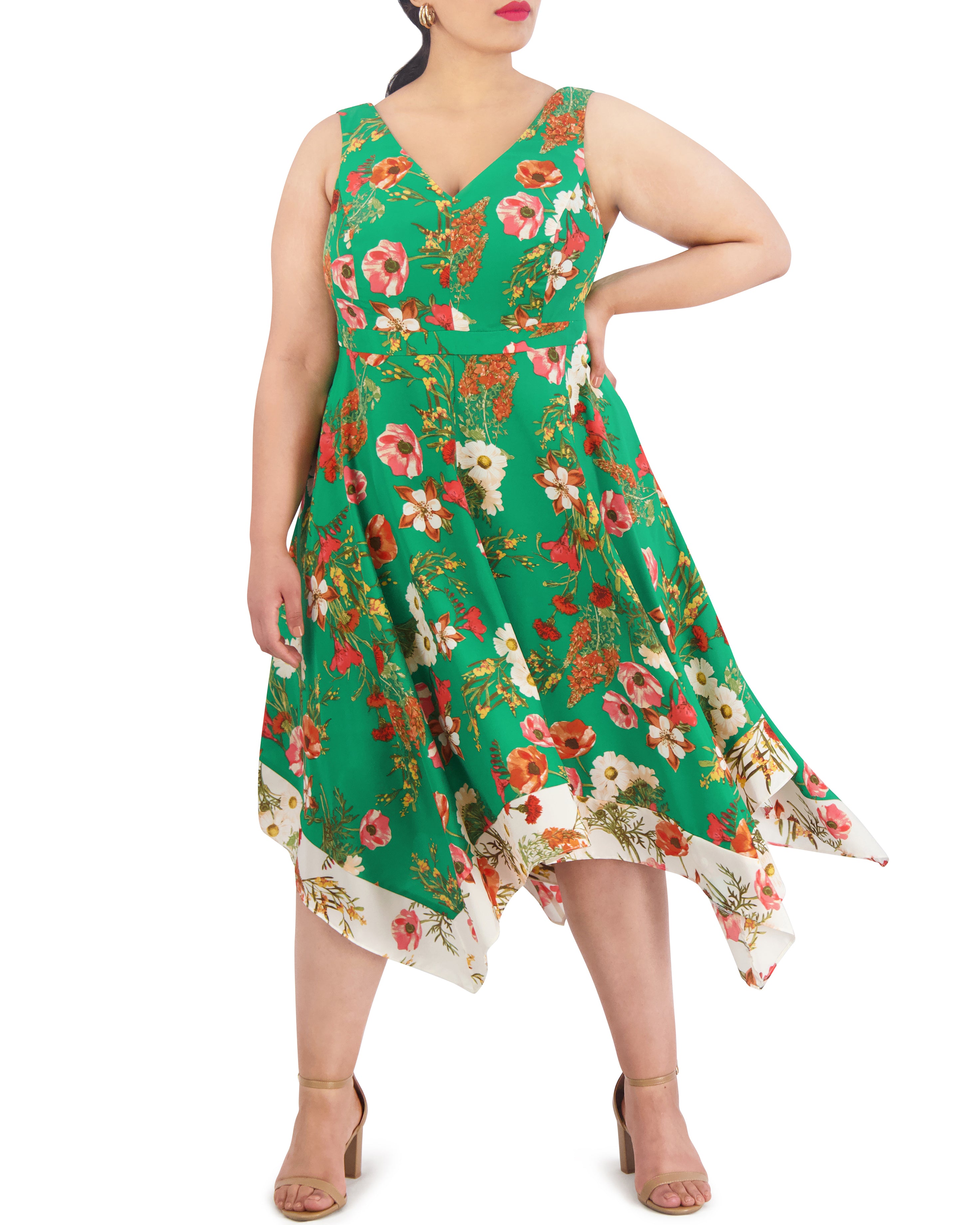 Floral-Print Handkerchief-Hem Dress for Women | Plus-Size V-Neck Sleeveless