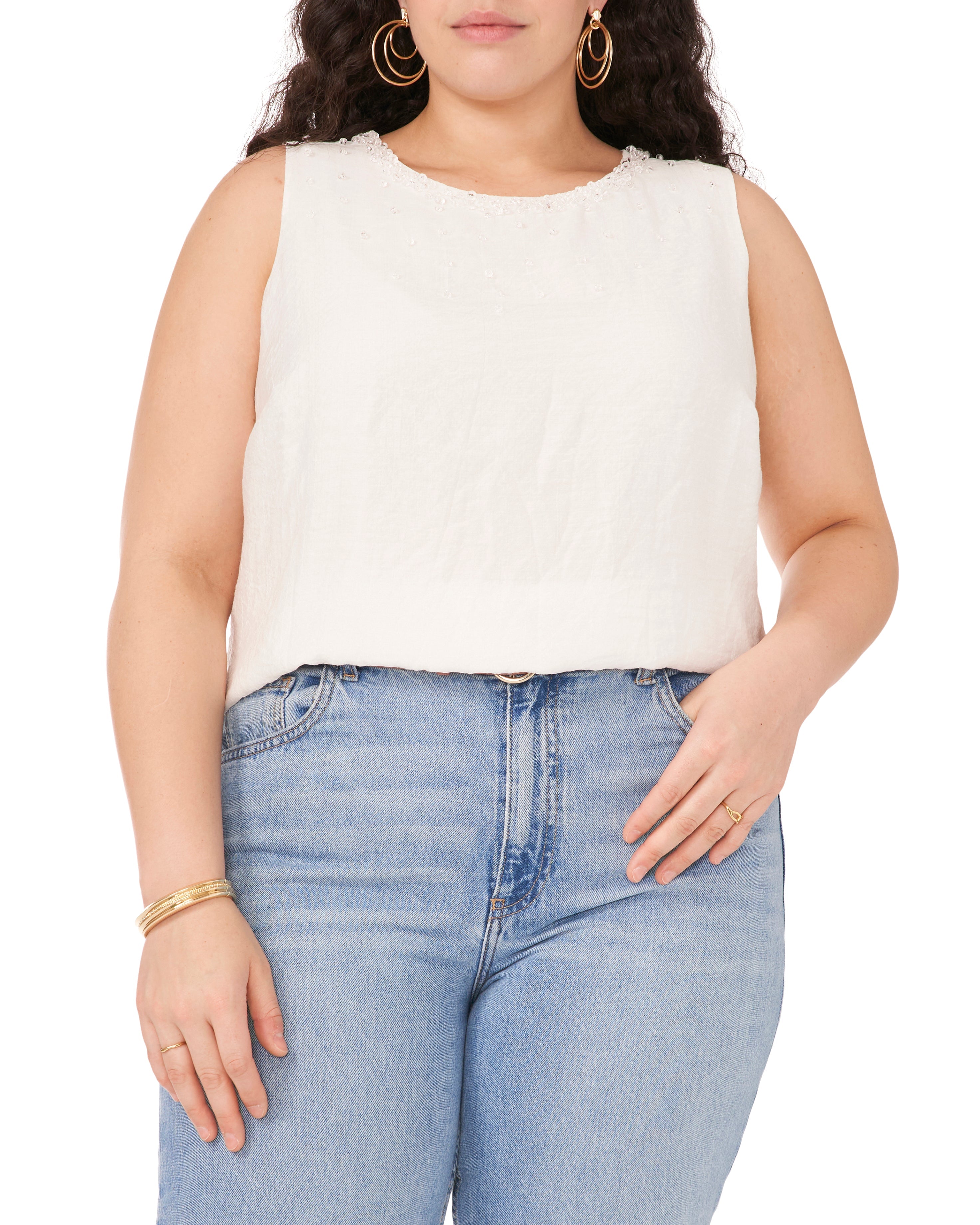 Plus-Size Beaded V-Neck Blouse for Sunny Occasions | Sleeveless Keyhole Back