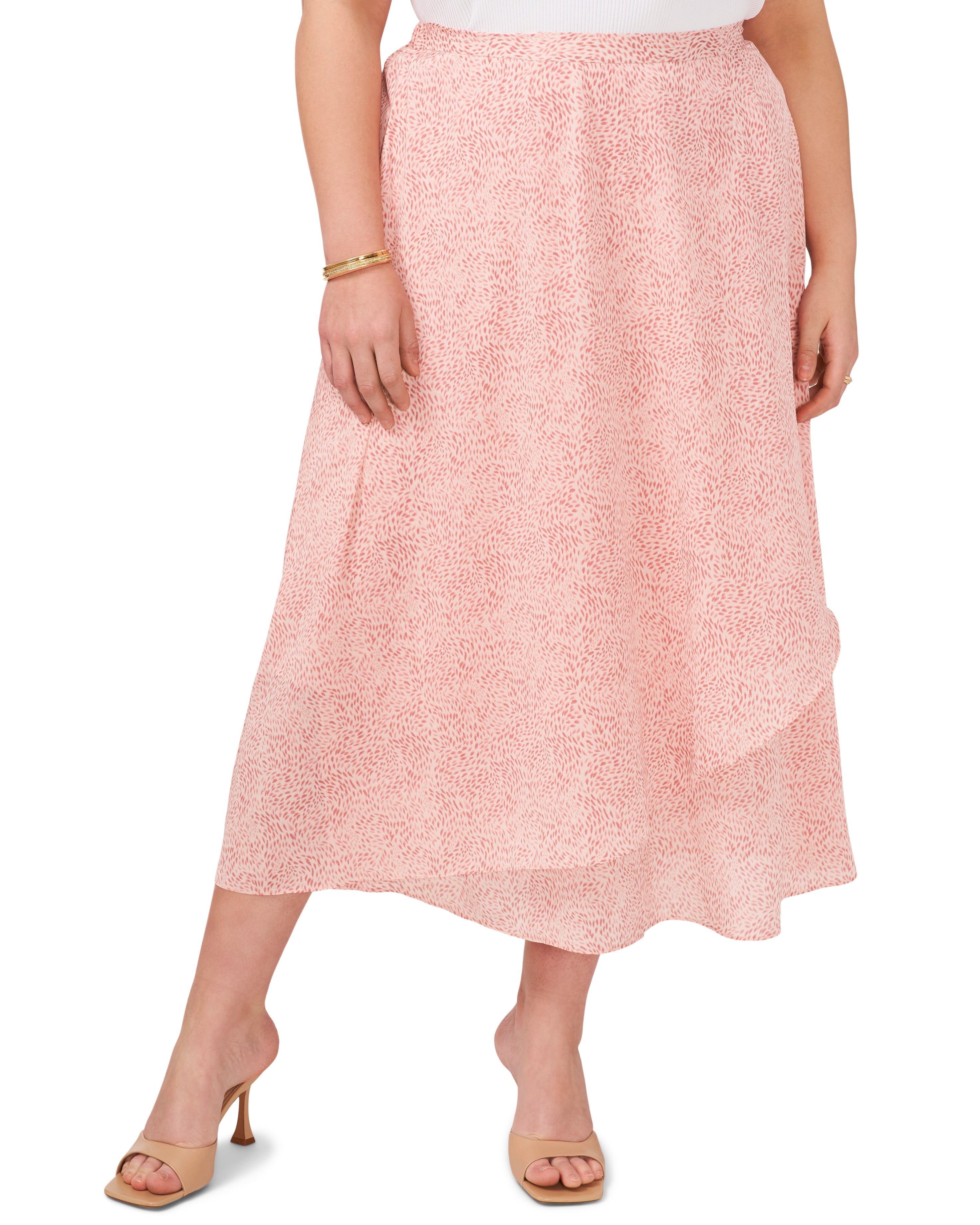 Flowy Plus-Size Midi Skirt with Swirling Dot Print | Feminine Crossover Design