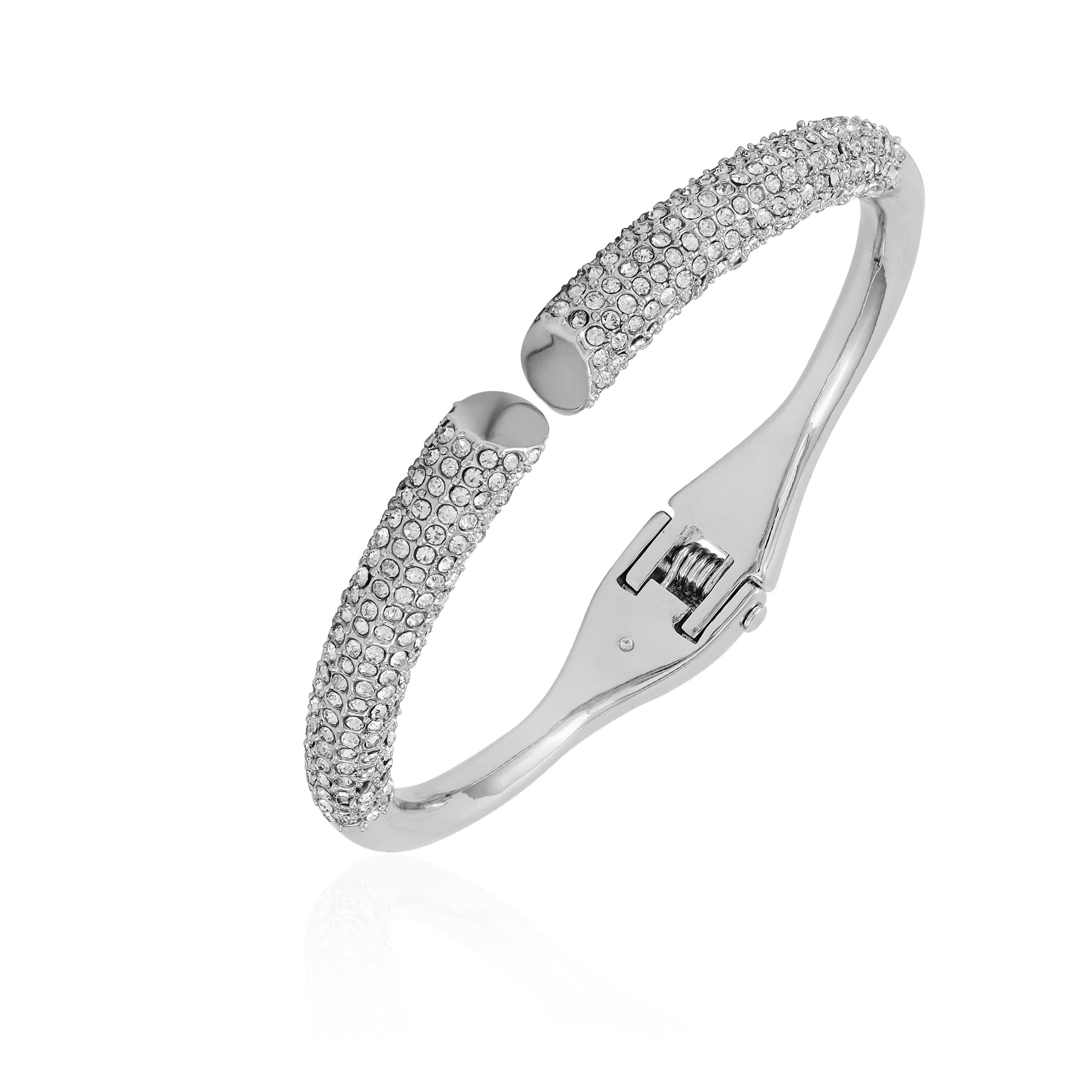 Silvertone Hinged Bangle Bracelet with Pave Glass Stones | Elegant Minimalist Jewelry