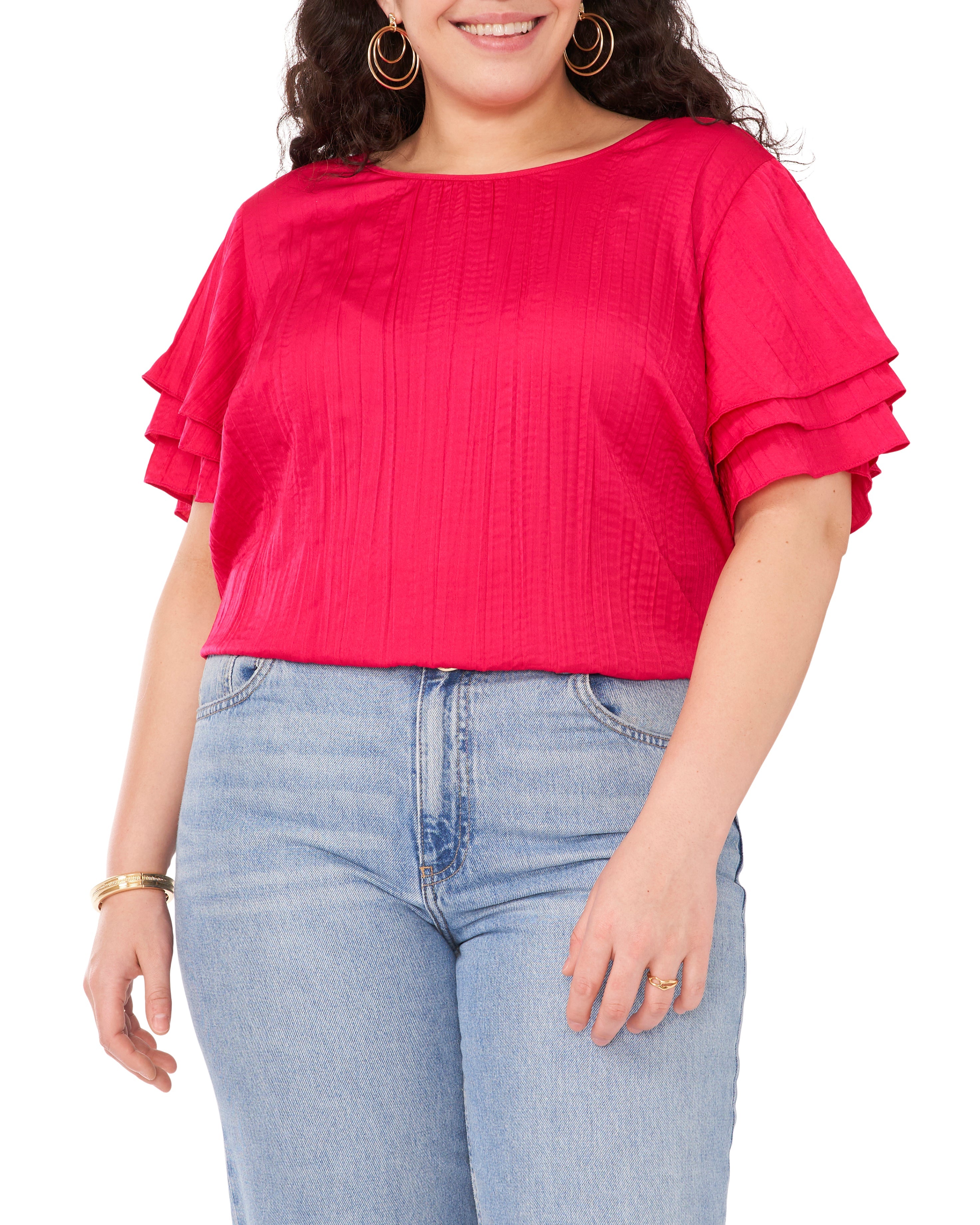 Pleated Blouse with Ruffled Sleeves & Keyhole Cutout | Elegant Women's Top