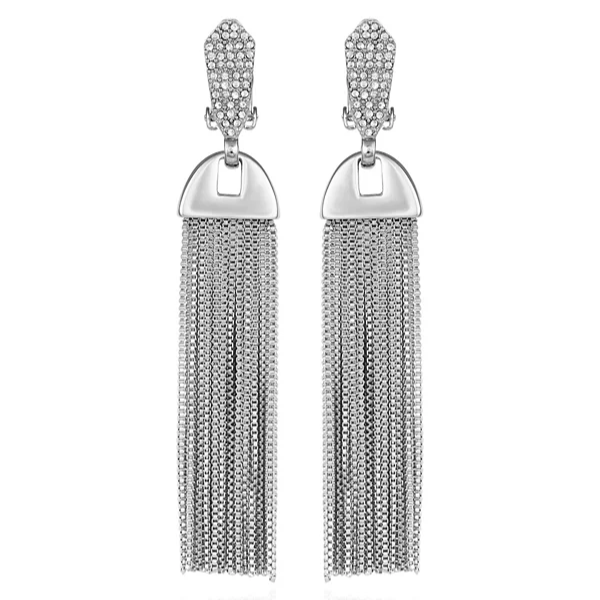 Sparkly Glass Stone Pave Tassel Drop Earrings | Clip-On Dangle