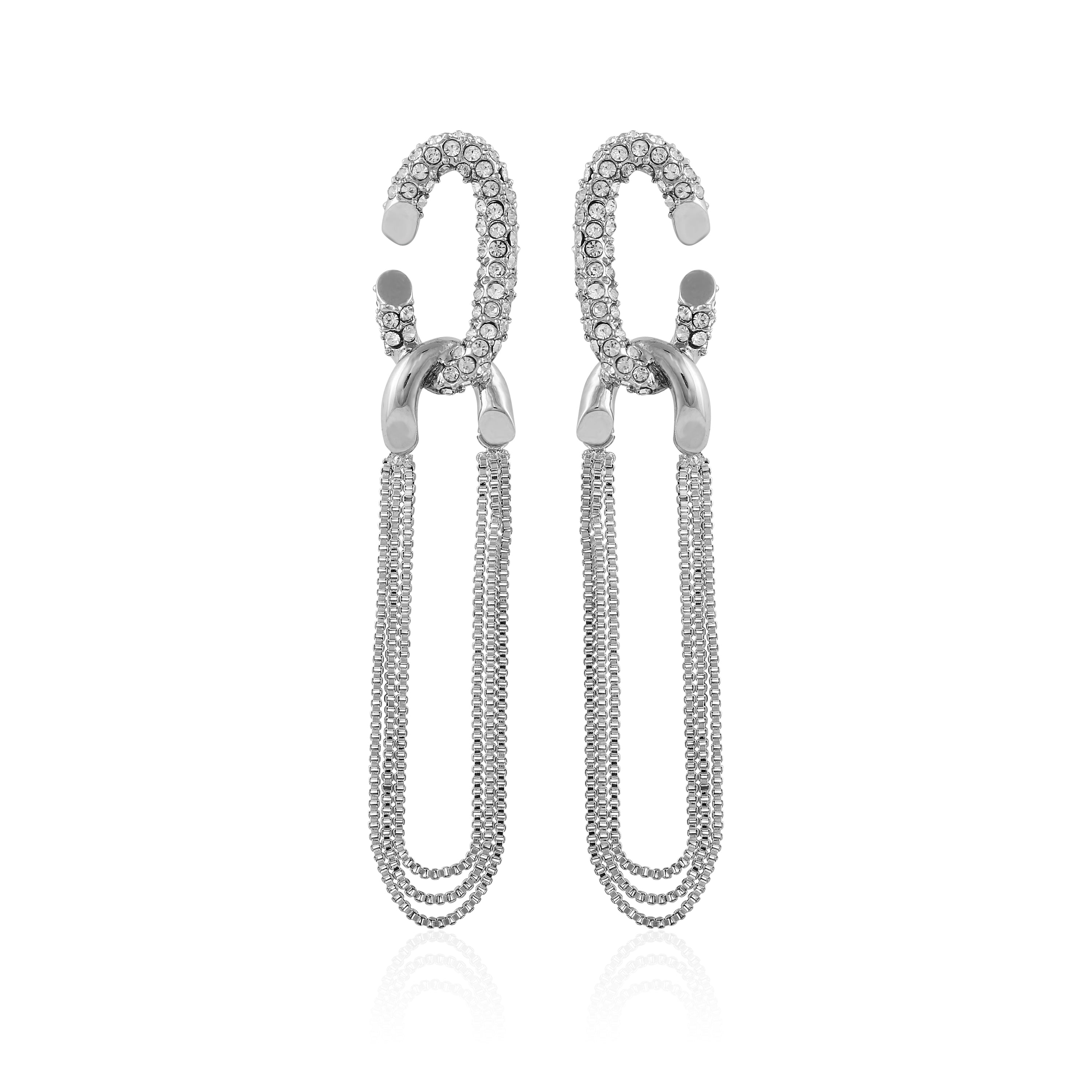 Pave Huggie Hoop Earrings with Chain Tassel | Silvertone