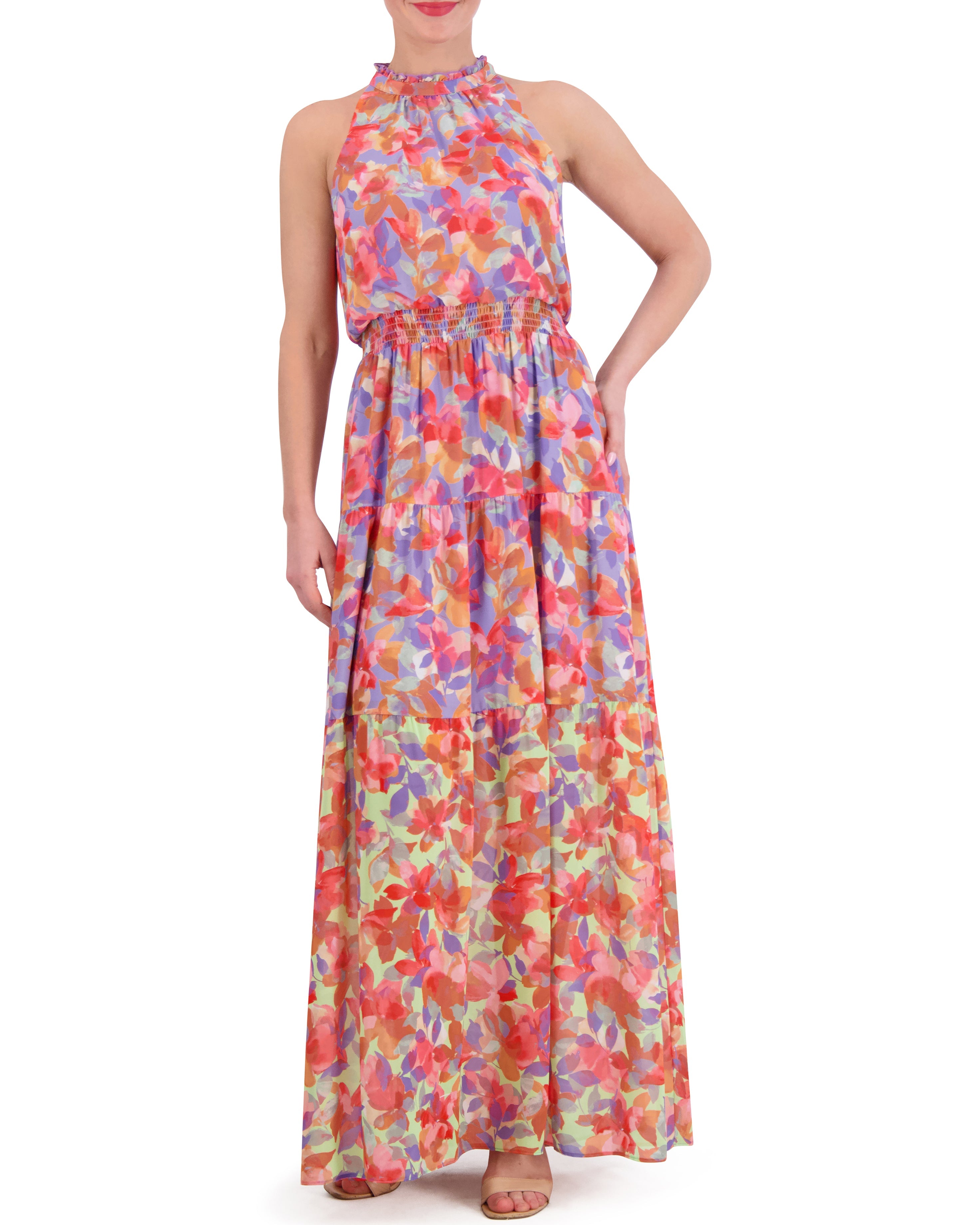 Floral Chiffon Dress with Smocked Waist & Ruffled Neckline