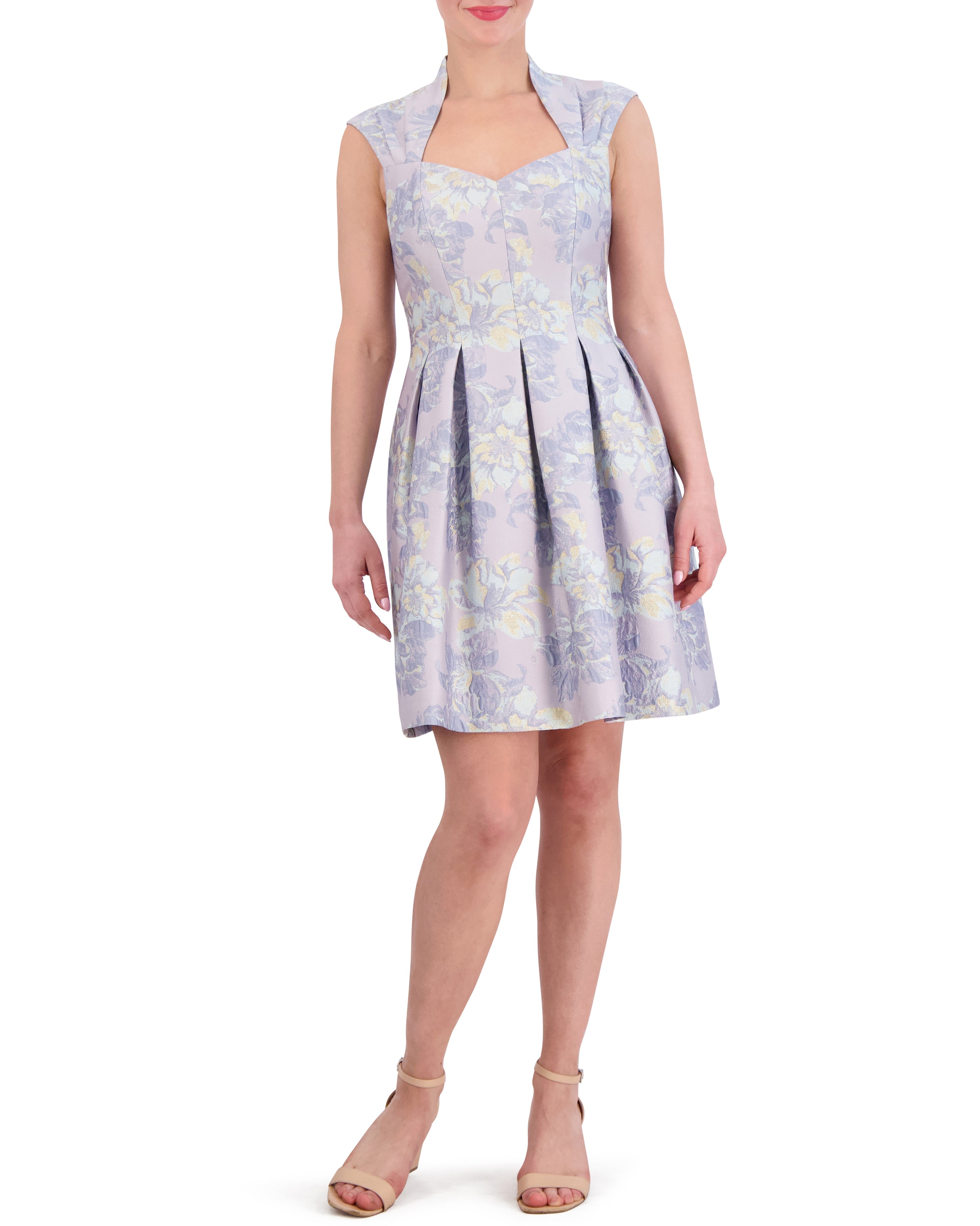 Metallic Floral Jacquard Dress with Pleated Fit-and-Flare Silhouette