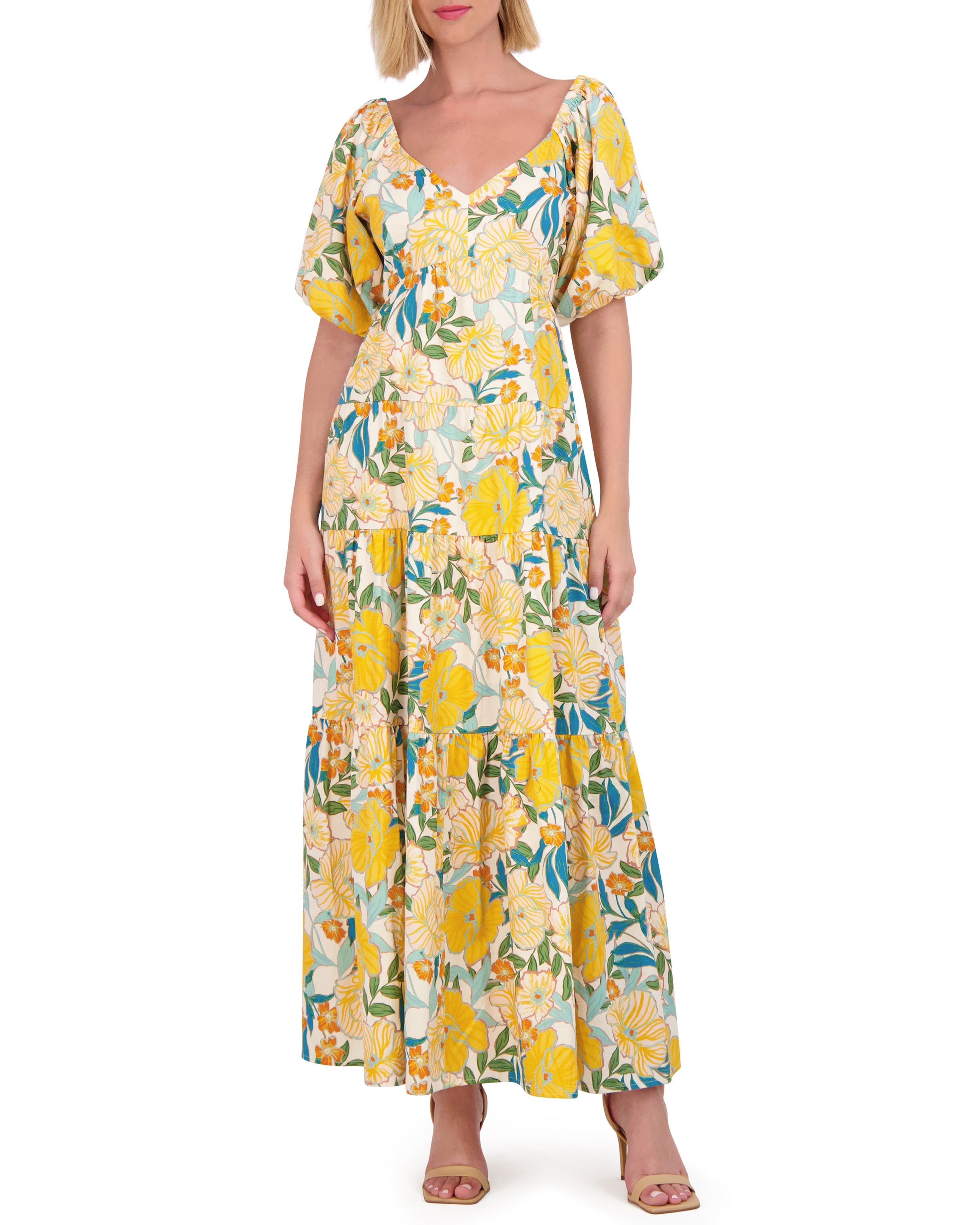 Floral-Print Maxi Dress with Open Back & Puff Sleeves | Modern Sateen