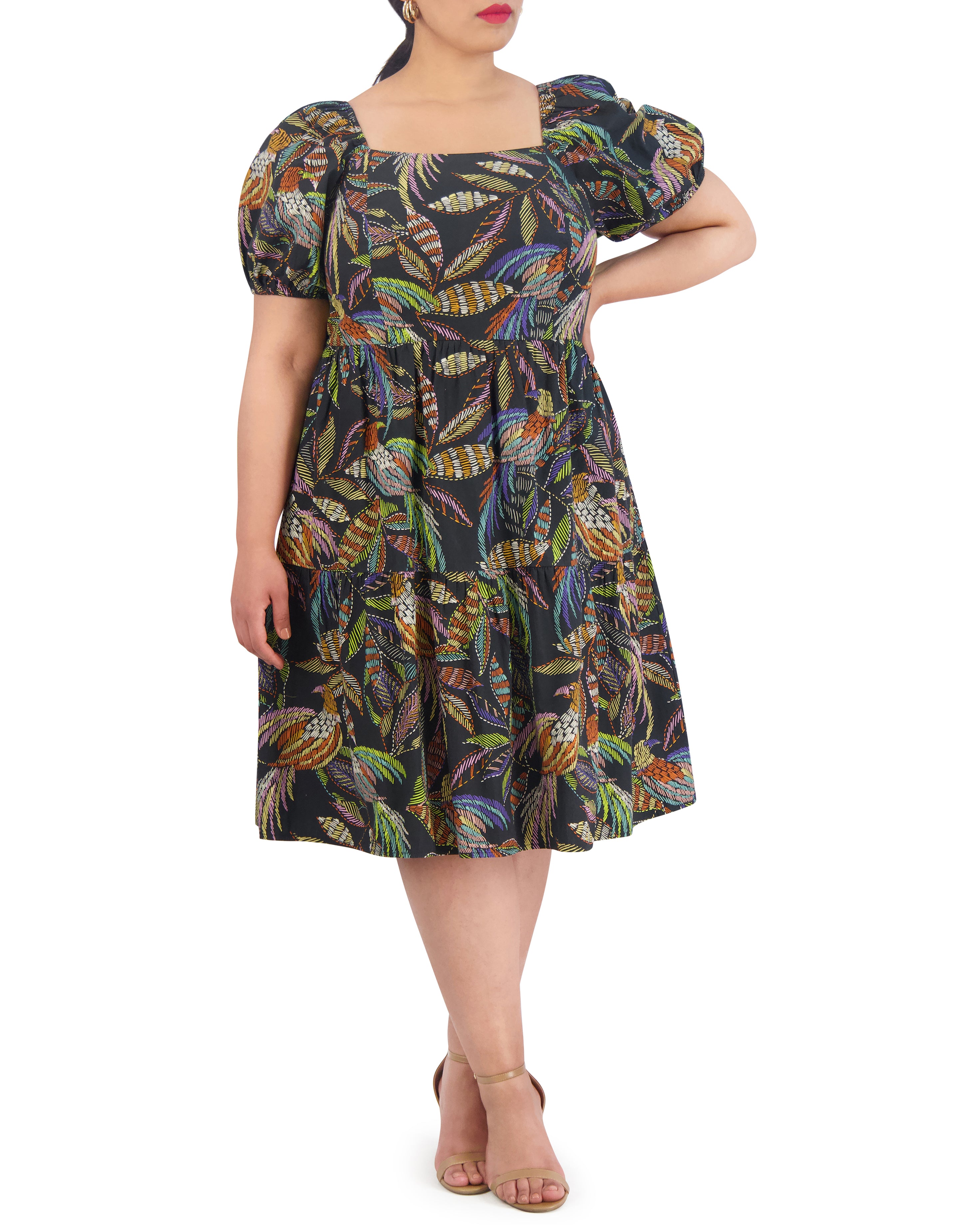 Printed Cotton Midi Dress with Square Neck & Puff Sleeves | Plus-Size