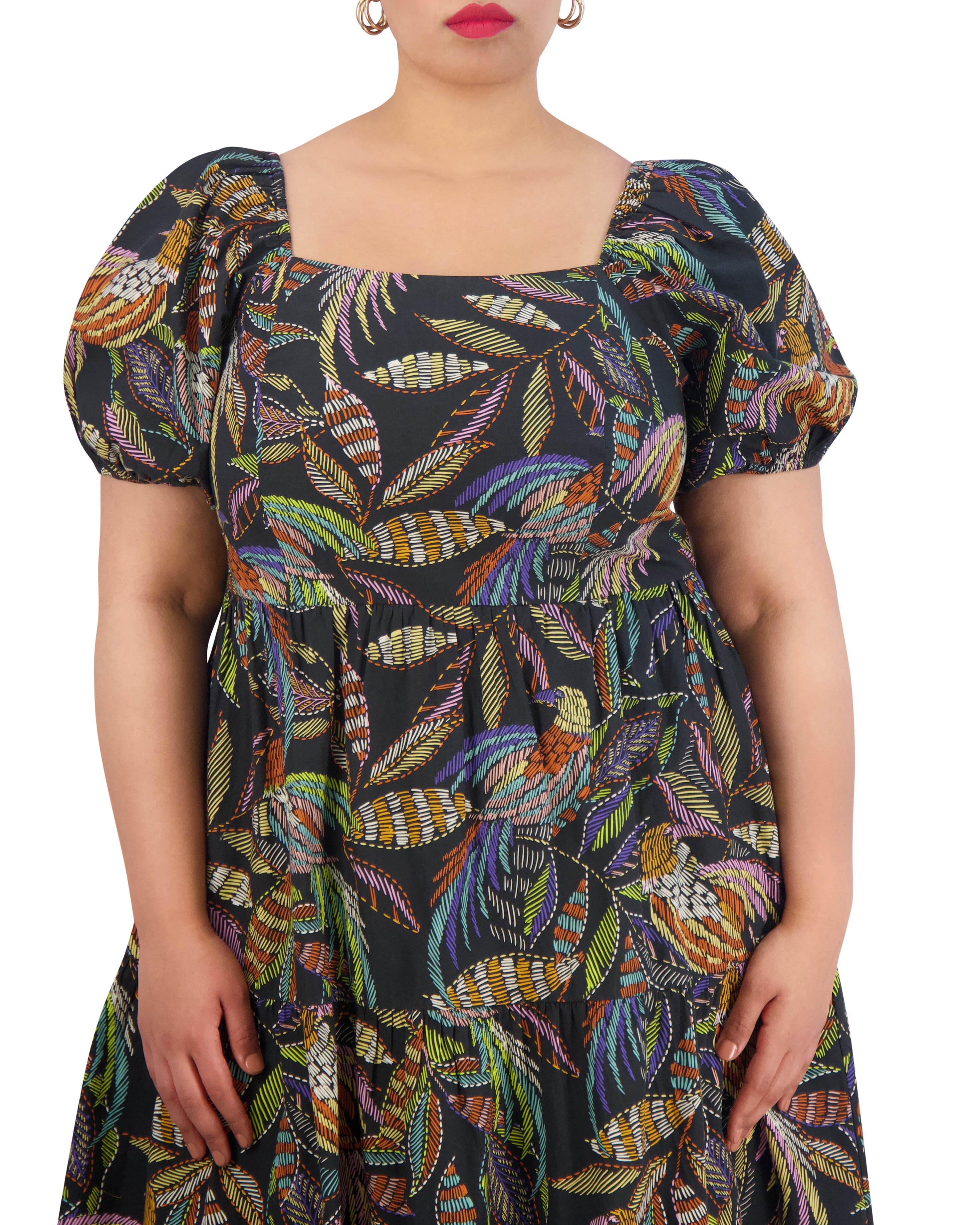 Printed Cotton Midi Dress with Square Neck & Puff Sleeves | Plus-Size