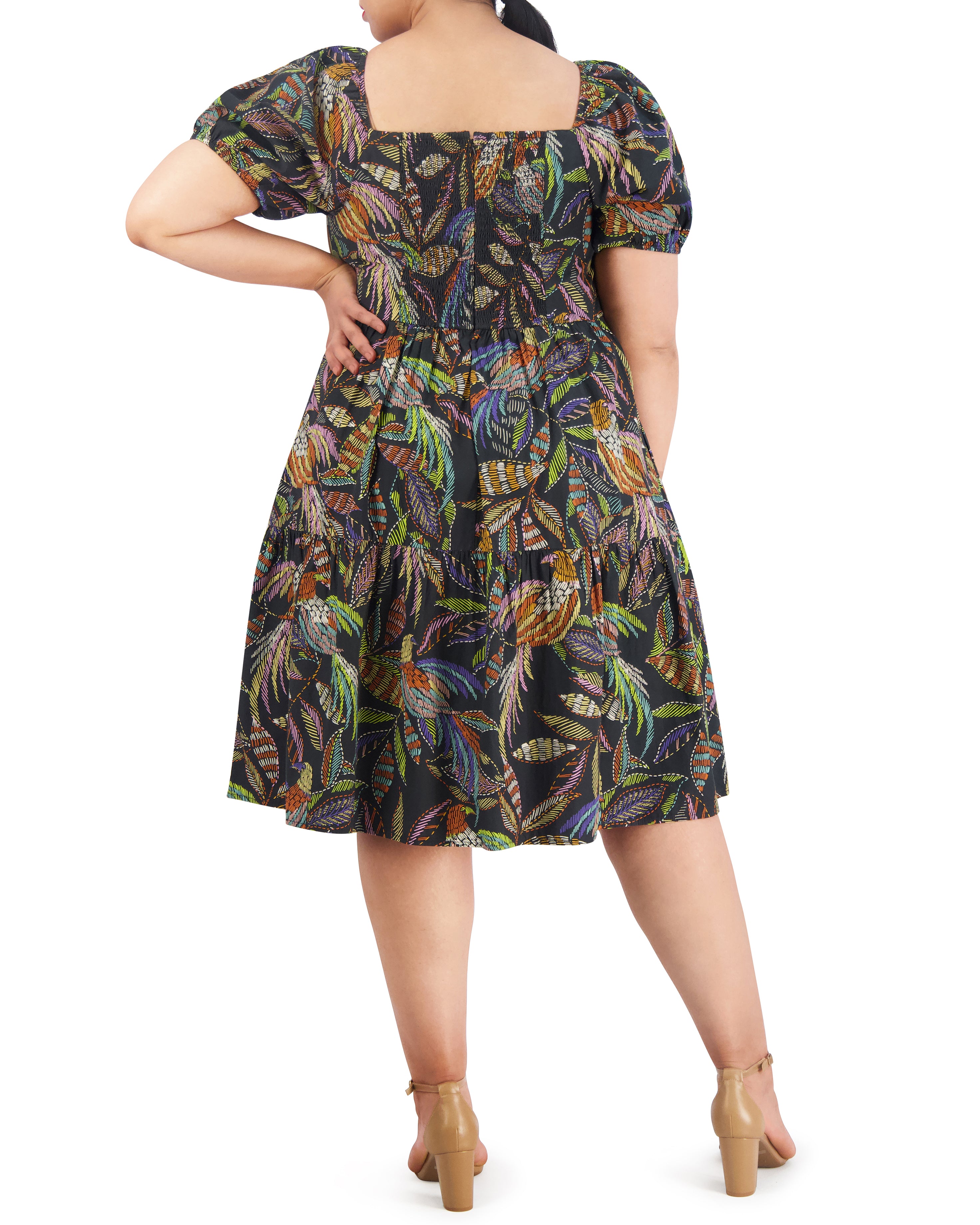 Printed Cotton Midi Dress with Square Neck & Puff Sleeves | Plus-Size