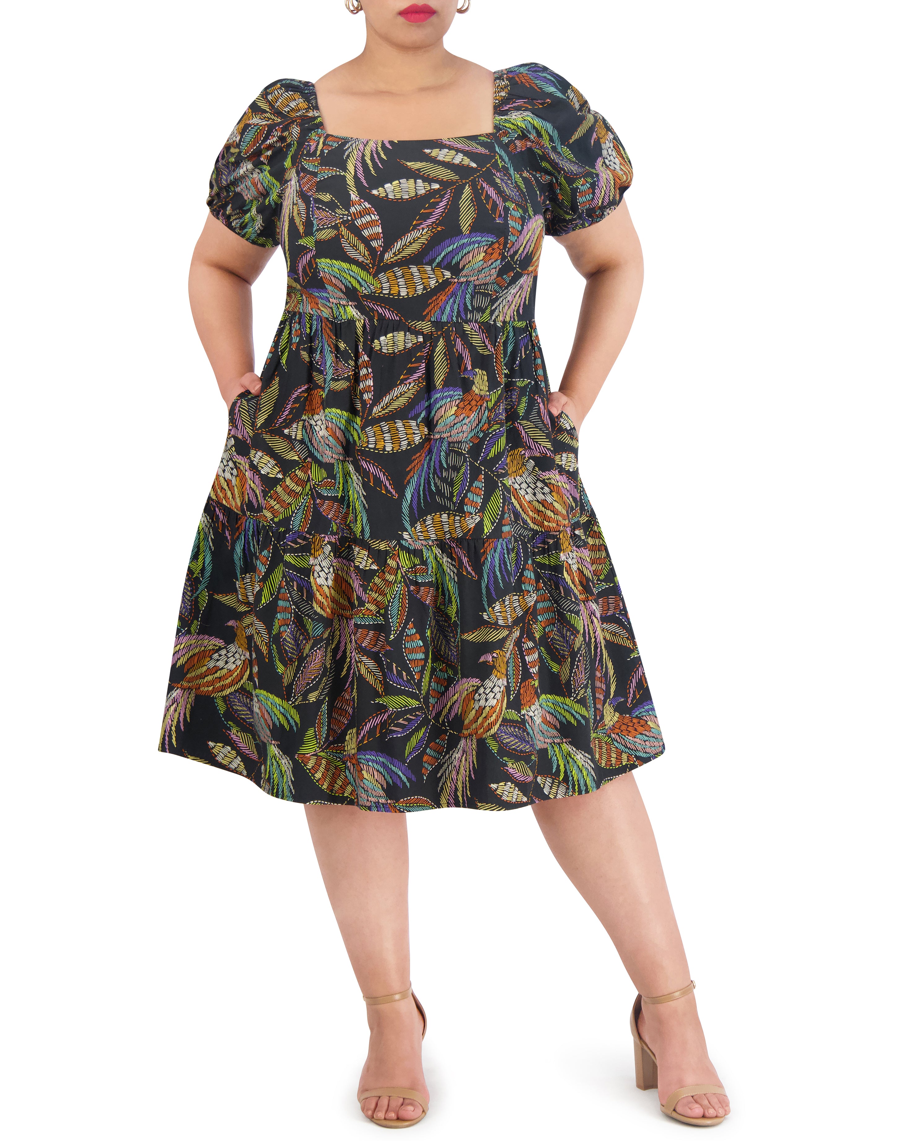Printed Cotton Midi Dress with Square Neck & Puff Sleeves | Plus-Size
