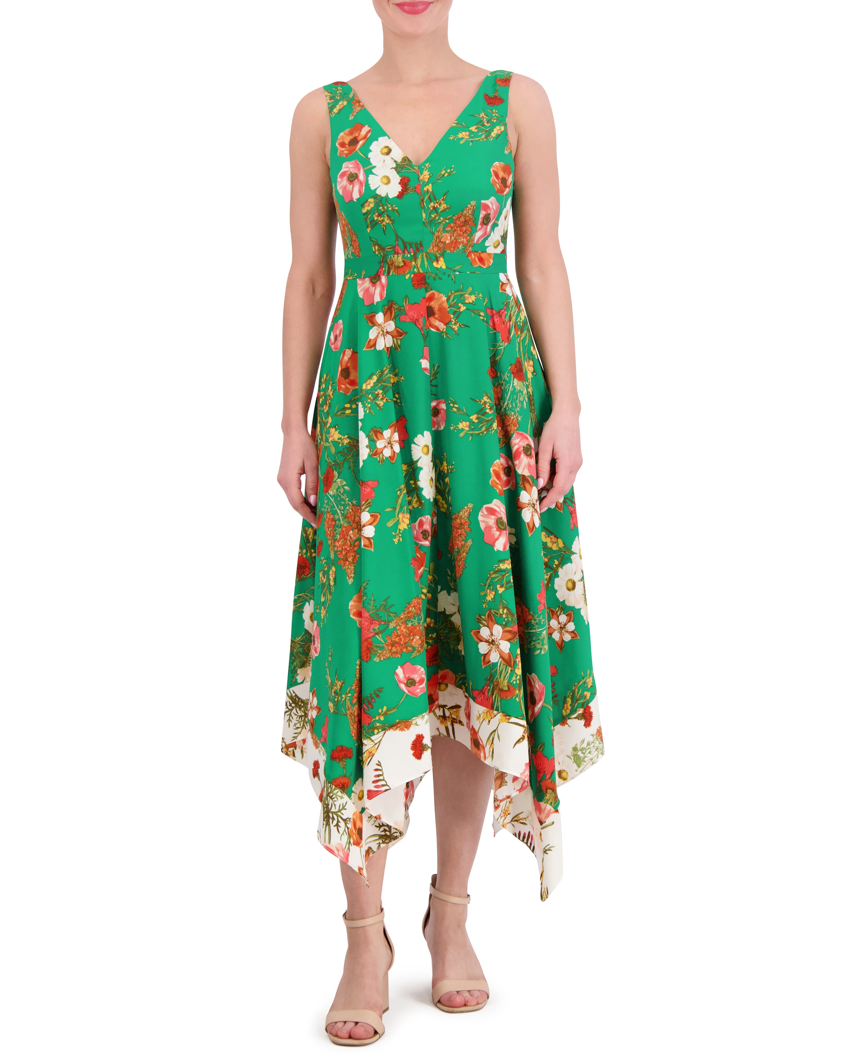Floral-Print Handkerchief-Hem Dress with V Neckline | Sleeveless Summer Dress