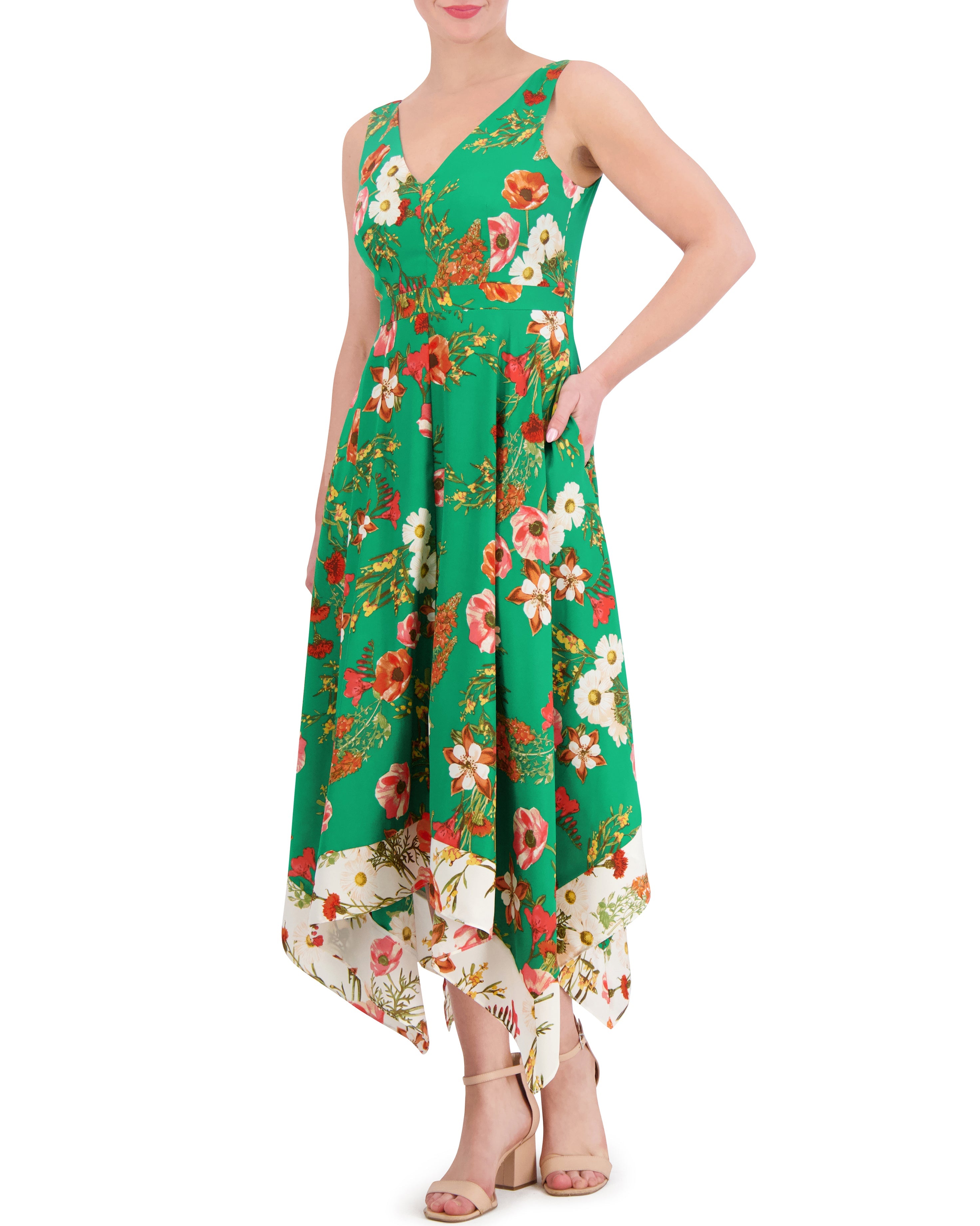 Floral-Print Handkerchief-Hem Dress with V Neckline | Sleeveless Summer Dress