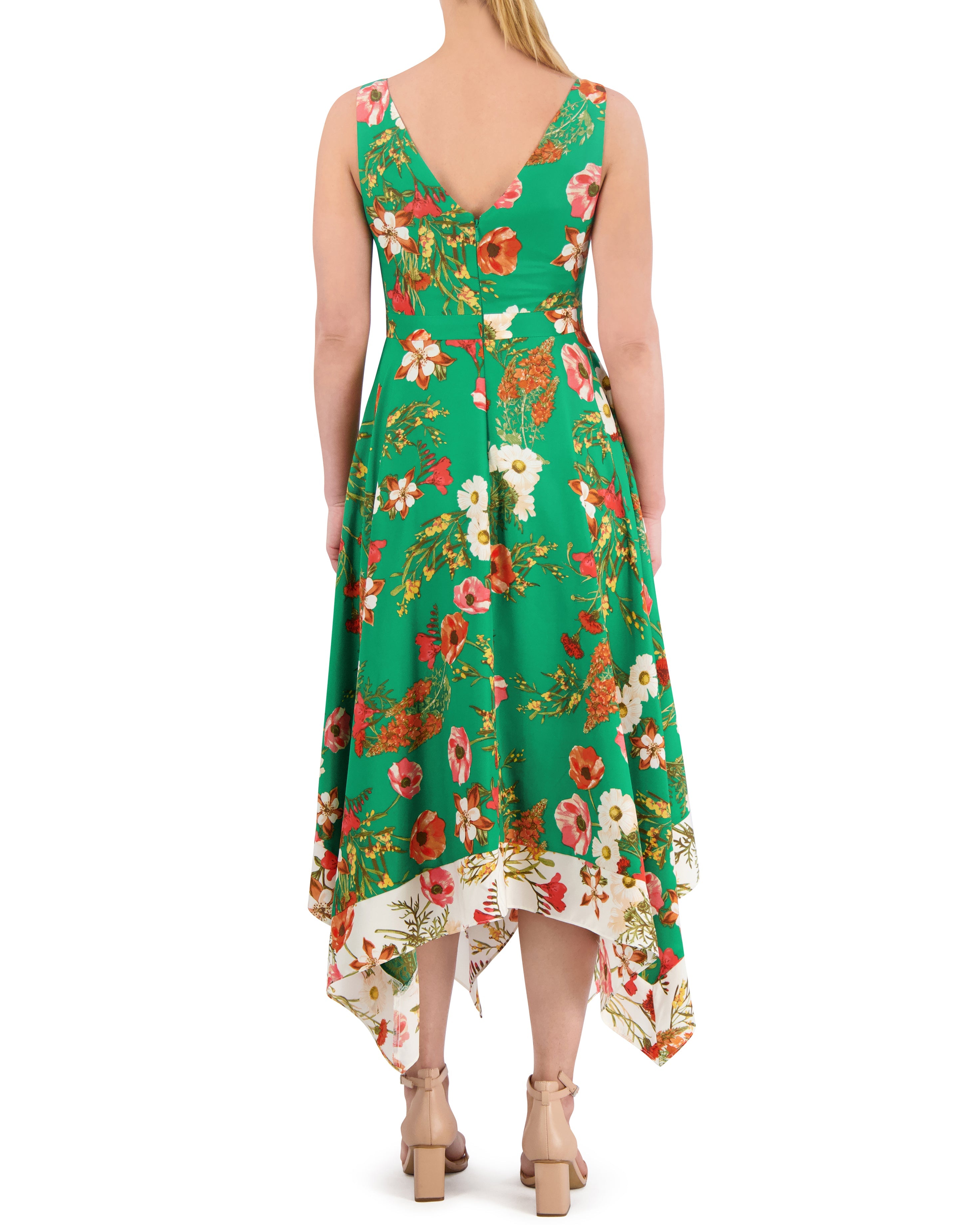 Floral-Print Handkerchief-Hem Dress with V Neckline | Sleeveless Summer Dress