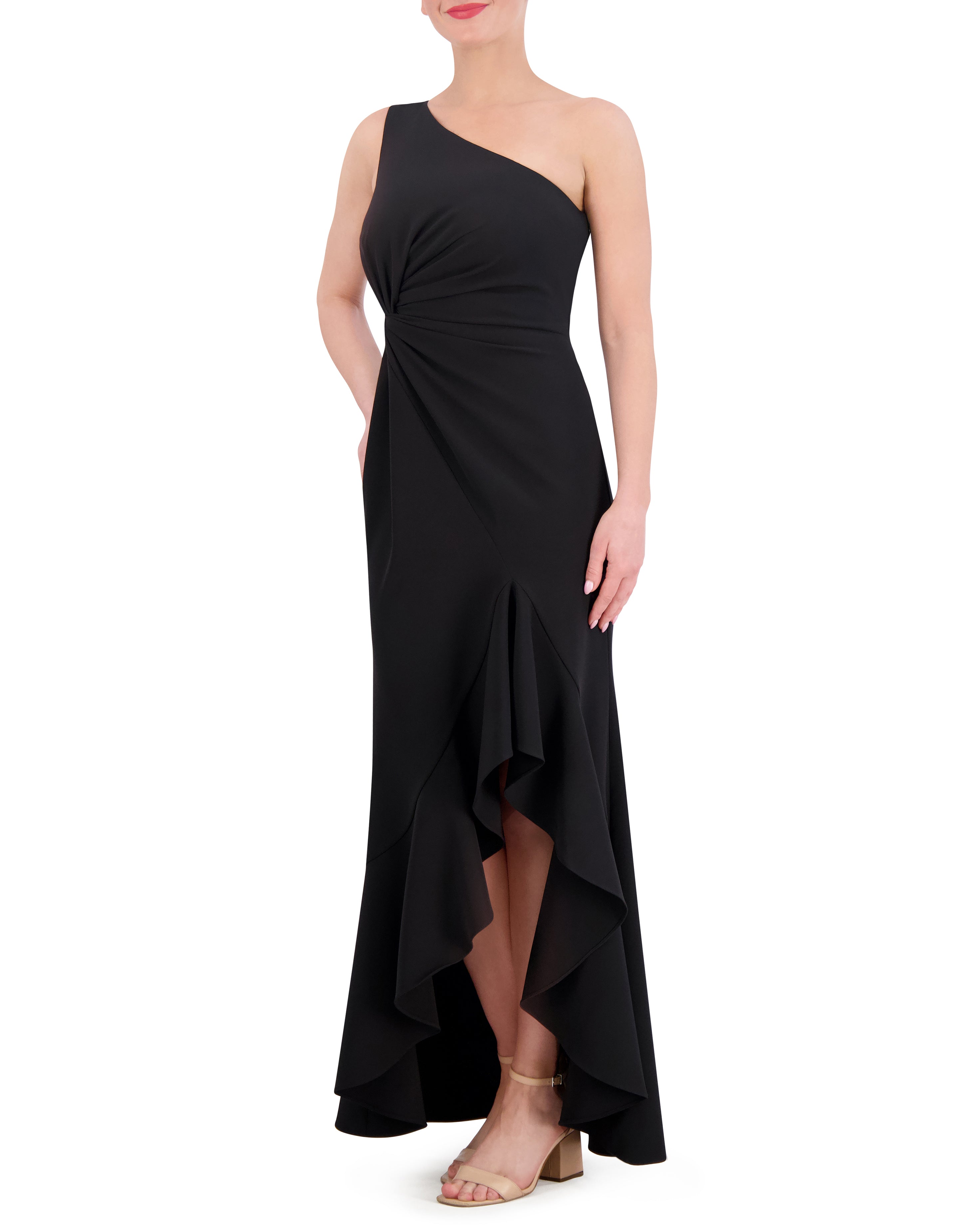 One-Shoulder Ruffled Twist-Front Evening Gown | Elegant Stretch Crepe Dress