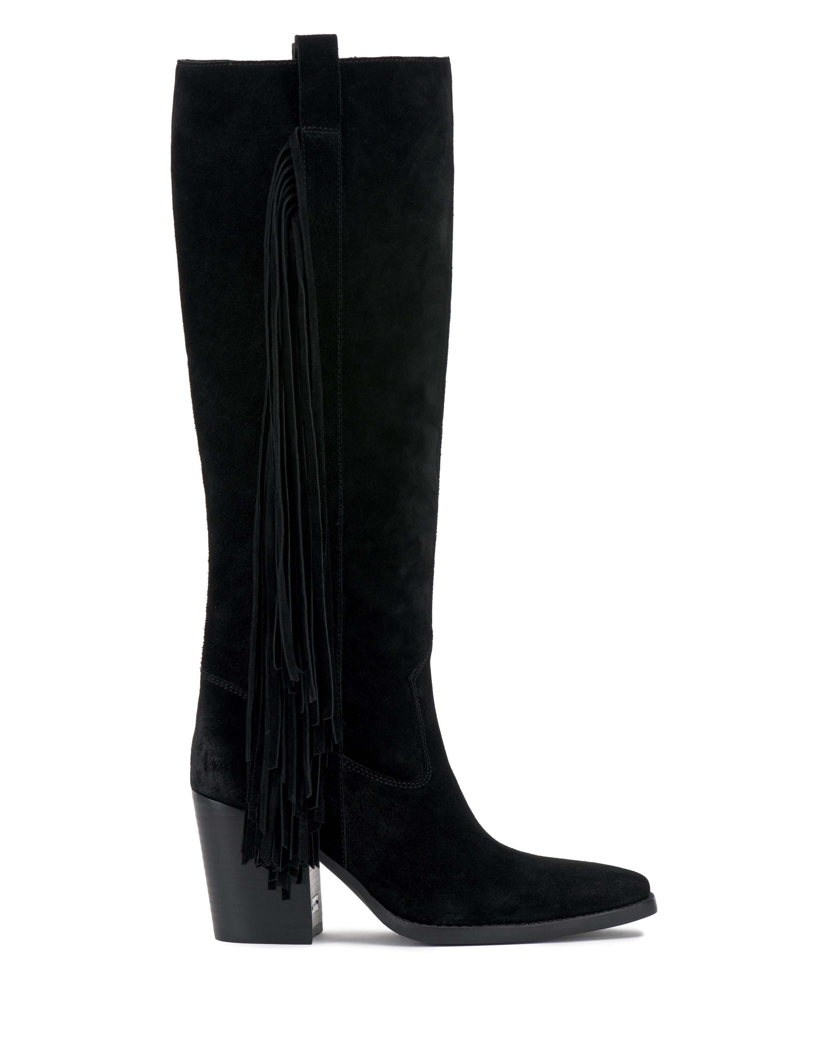 Extra Wide Calf Knee High Boot with Fringe & Block Heel | Pelia